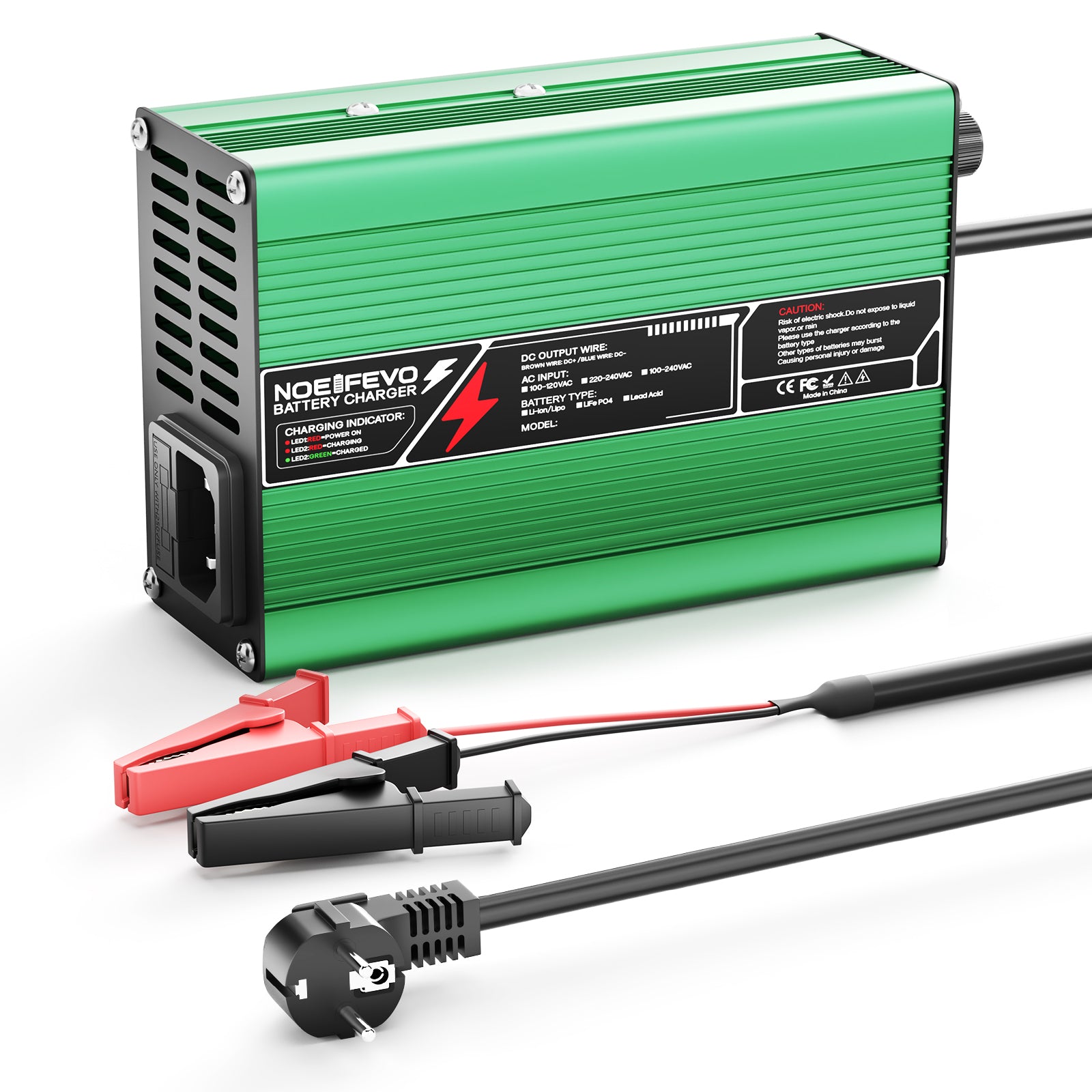 NOEIFEVO 12,6V 10A Lithium-lader til 3S 11,1V Li-Ion Lipo-batterier, køleventilator, automatisk slukning (GRØN)