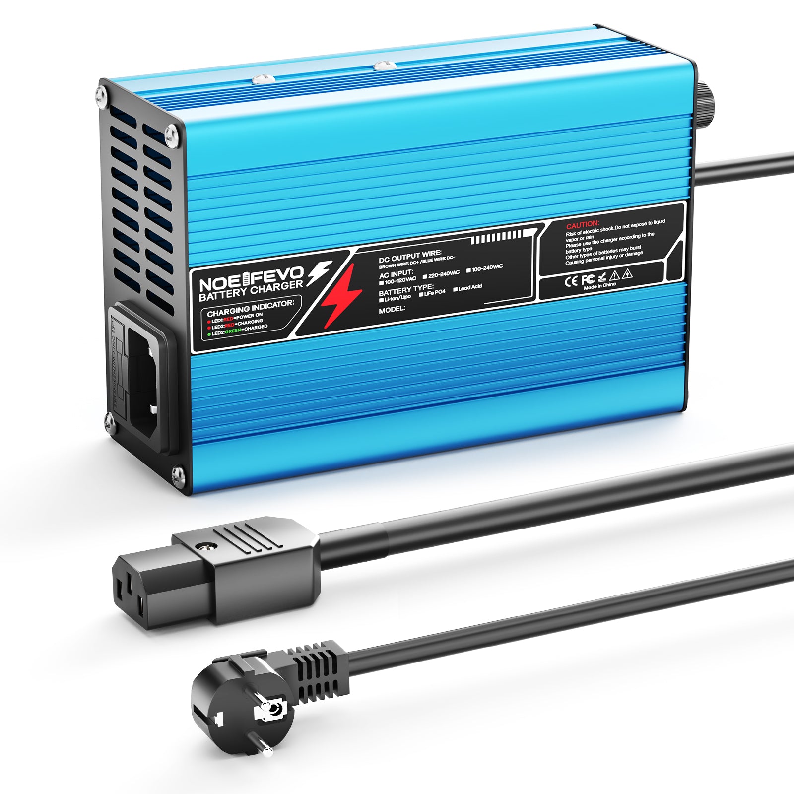 NOEIFEVO 37.8V  2A 3A 3.5A 4A Lithium-lader til 9S 33.3V Li-Ion Lipo-batterier, køleventilator, automatisk slukning (BLÅ)