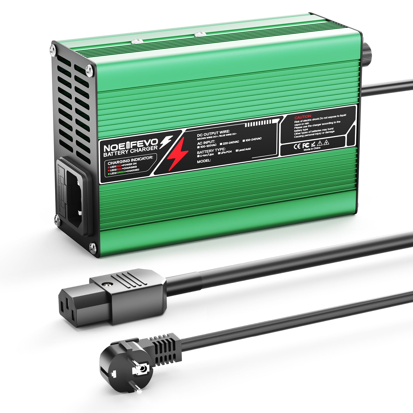 NOEIFEVO 42V  2A 3A 3.5A 4A Cargador de Litio para baterías 10S 37V Li-Ion Lipo, Ventilador de refrigeración, Apagado automático (VERDE)