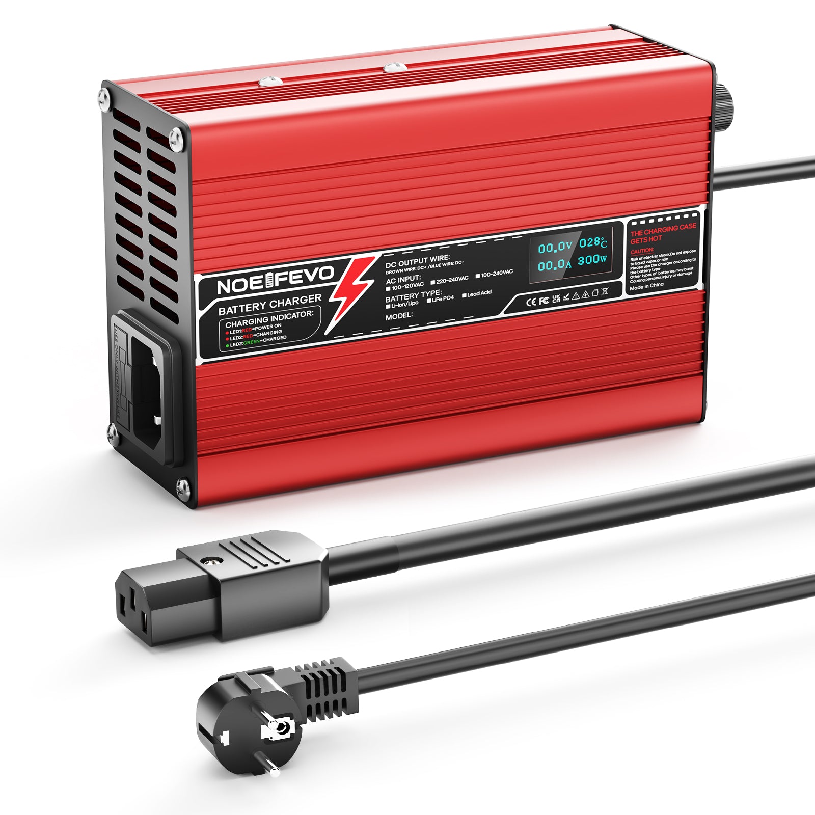 NOEIFEVO 12,6V 10A Lithium-lader til 3S 11,1V Li-Ion Lipo-batterier, med køleventilator, automatisk slukning (RØD)