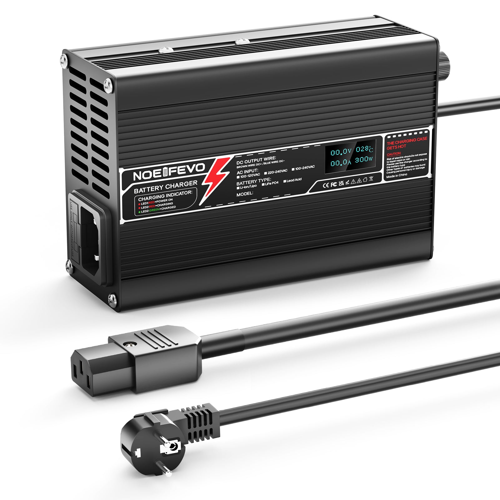 NOEIFEVO 29.4V 10A Lithium-lader til 7S 25.9V Li-Ion Lipo batteri E-cykellader, LED-display, aluminiumkasse, blæser