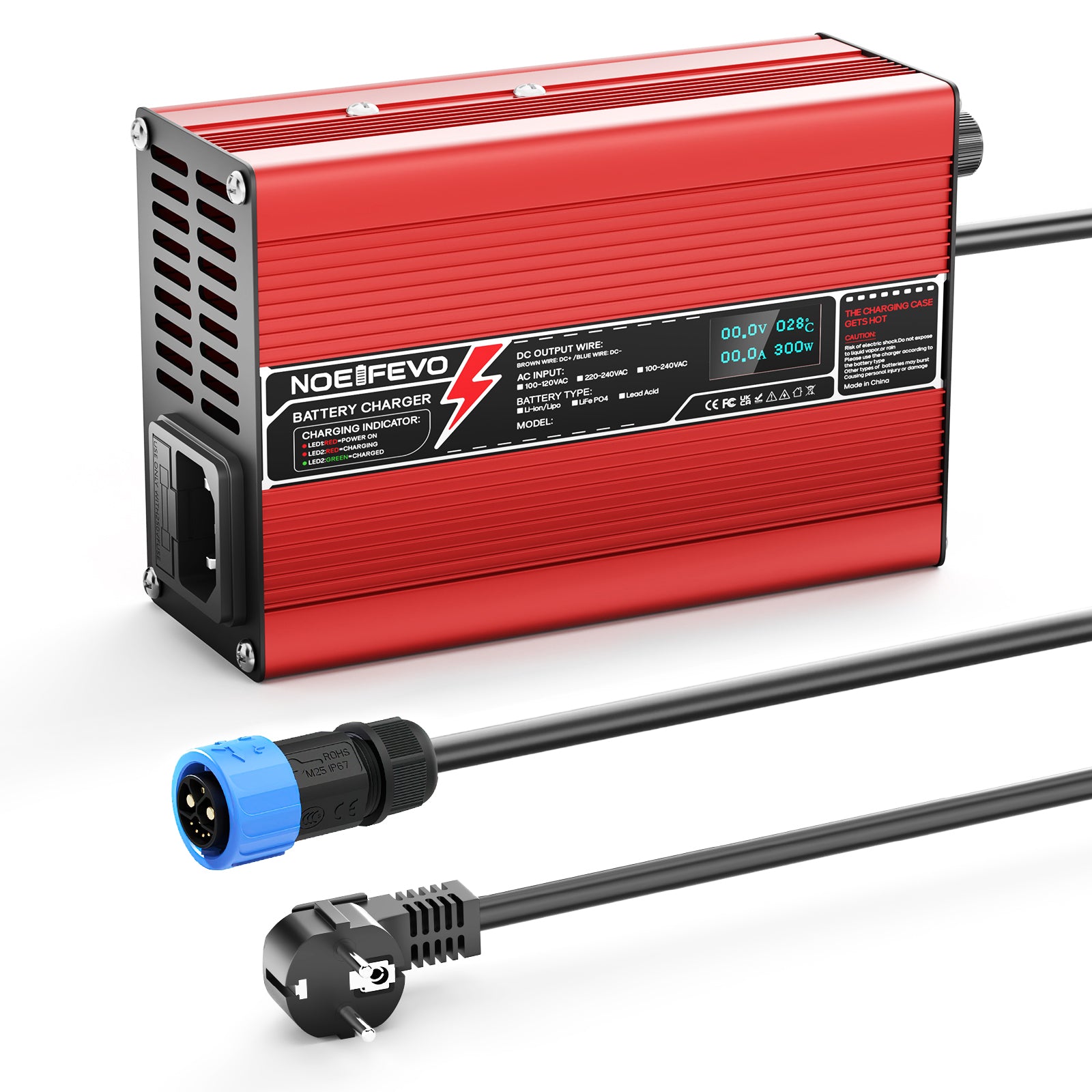 NOEIFEVO 54.6V 2A 2.5A 3A Cargador de Litio para Baterías Li-Ion Lipo 13S 48.1V, con Pantalla LCD, Ventilador de Refrigeración, Apagado Automático (ROJO)