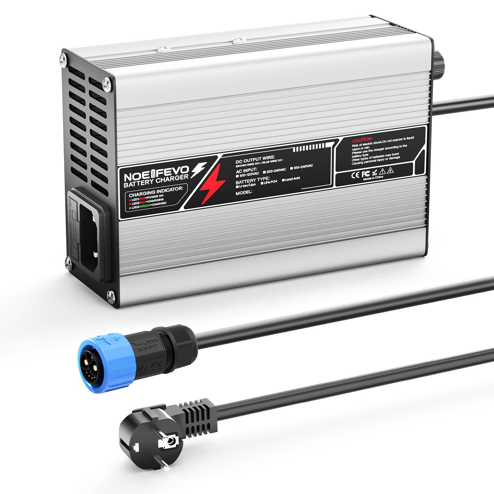 NOEIFEVO 29.4V  2A 3A 4A 5A Lithium-oplader til 7S 25.9V Li-Ion Lipo-batterier, med køleventilator og automatisk slukning.