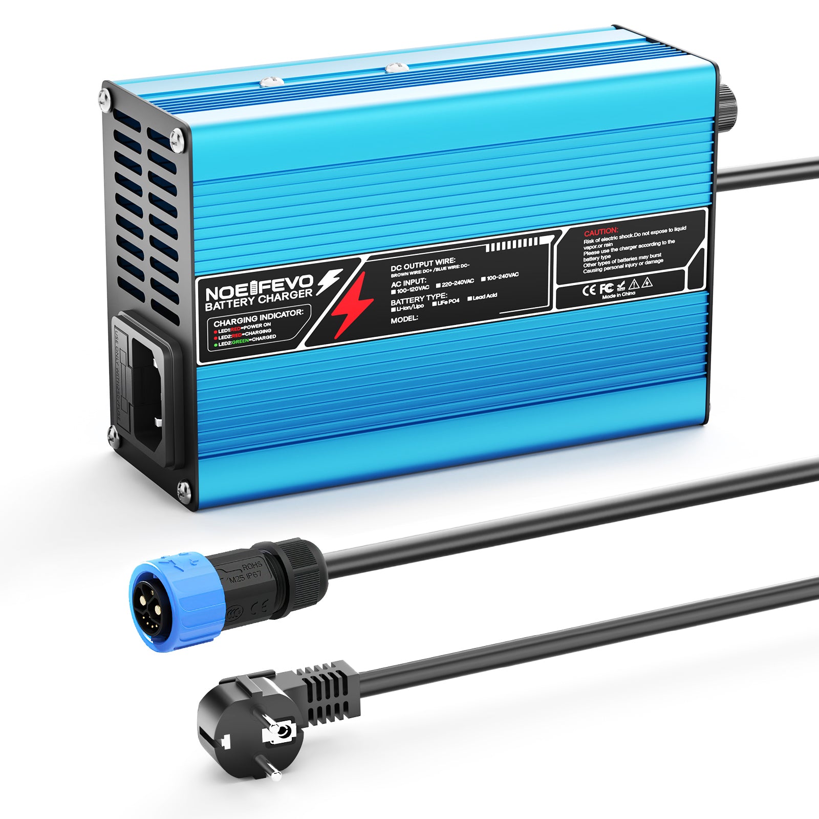 NOEIFEVO 16.8V 10A Lithium-lader til 4S 14.8V Li-Ion Lipo-batterier, køleventilator, automatisk slukning (BLÅ)