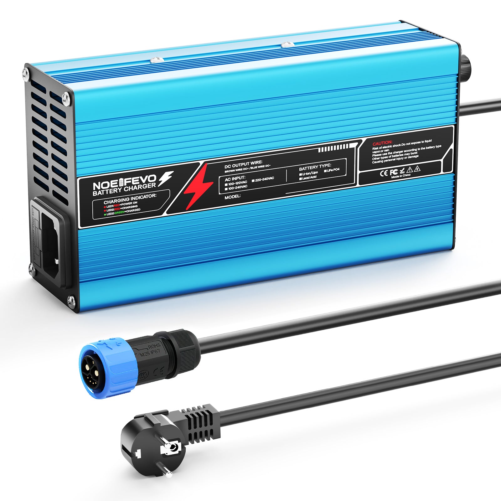 NOEIFEVO 42V 10A 10S Lithium-Batterieladegerät, für 10S 37V Li-Ion Batterie, automatische Abschaltung, Aluminiumgehäuse, mit Lüfter(blau)