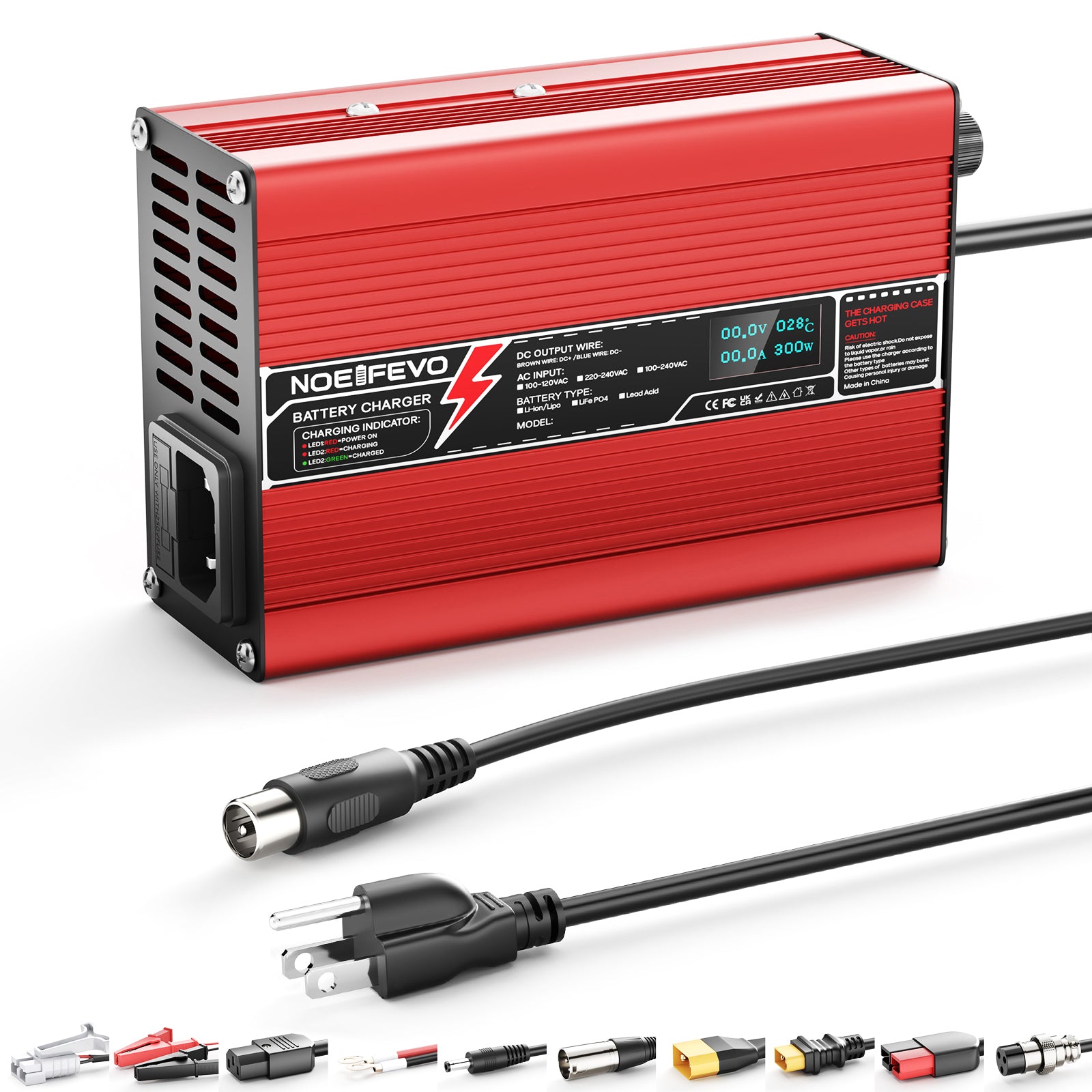 NOEIFEVO 41.4V-44.1V 4A  Blei-Säure-Batterieladegerät für 36V Blei-Säure Batterie, Mit LCD-Anzeige, Kühlventilator, automatischer Abschaltung(RED)