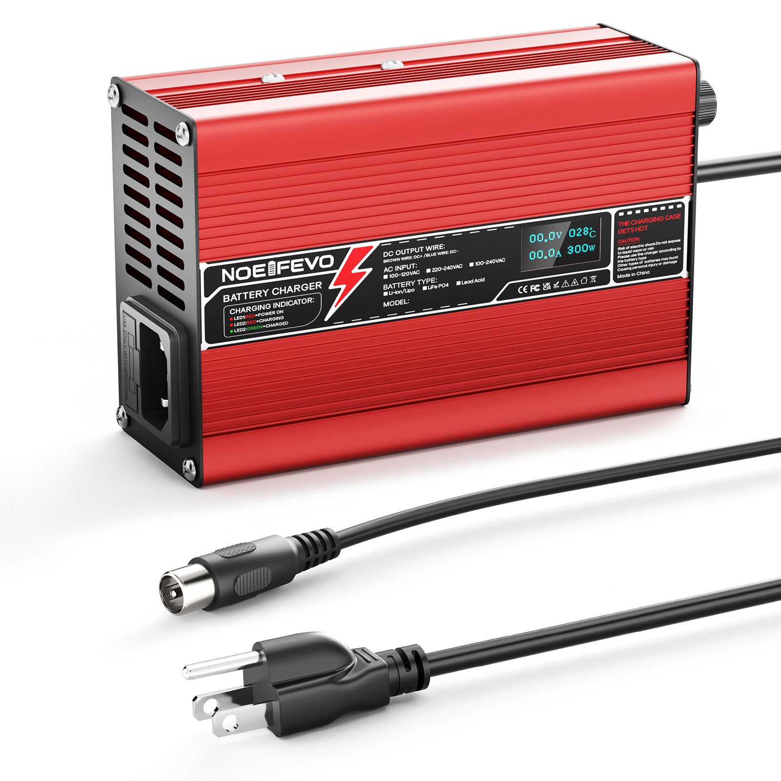 NOEIFEVO 54.6V 2A 2.5A 3A Lithium-lader til 13S 48.1V Li-Ion Lipo-batterier, med køleventilator, automatisk afbrydelse (RØD)