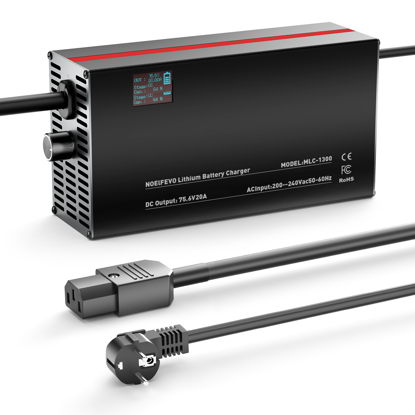 NOEIFEVO 75.6V 2-20A Lithium-baterie nabíječka pro 66.6V 18S Lithium-Li-Ion-Lipo baterii, LCD displej, nastavitelný výkon, nabíječka pro E-bike, skútr, elektrické motocykly