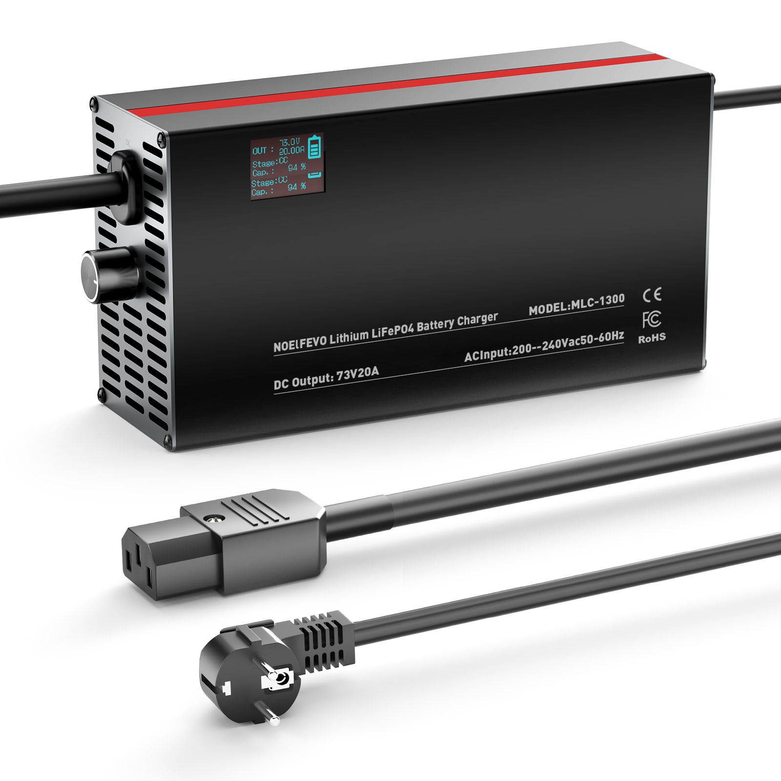 NOEIFEVO 73V 2-20A Lithium-LiFePO4 nabíječka pro 60V 64V 20S LiFePO4 baterii, LCD displej, nastavitelný proud, nabíječka pro trollingový motor, loď a obytné vozy