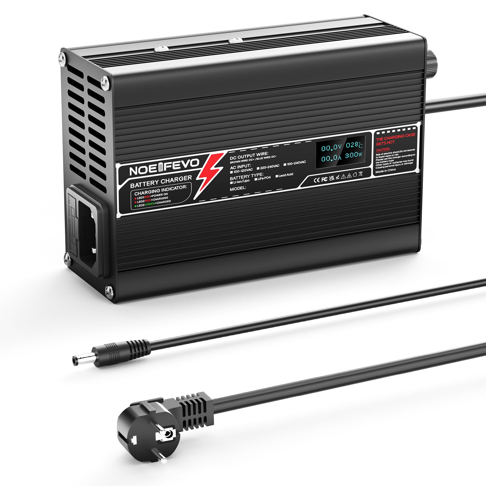 Carregador de Bateria NOEIFEVO 43.8V 3.5A LiFePO4 para Bateria LiFePO4 12S 36V 38.4V, com Tela LCD, Ventilador de Resfriamento, Desligamento Automático