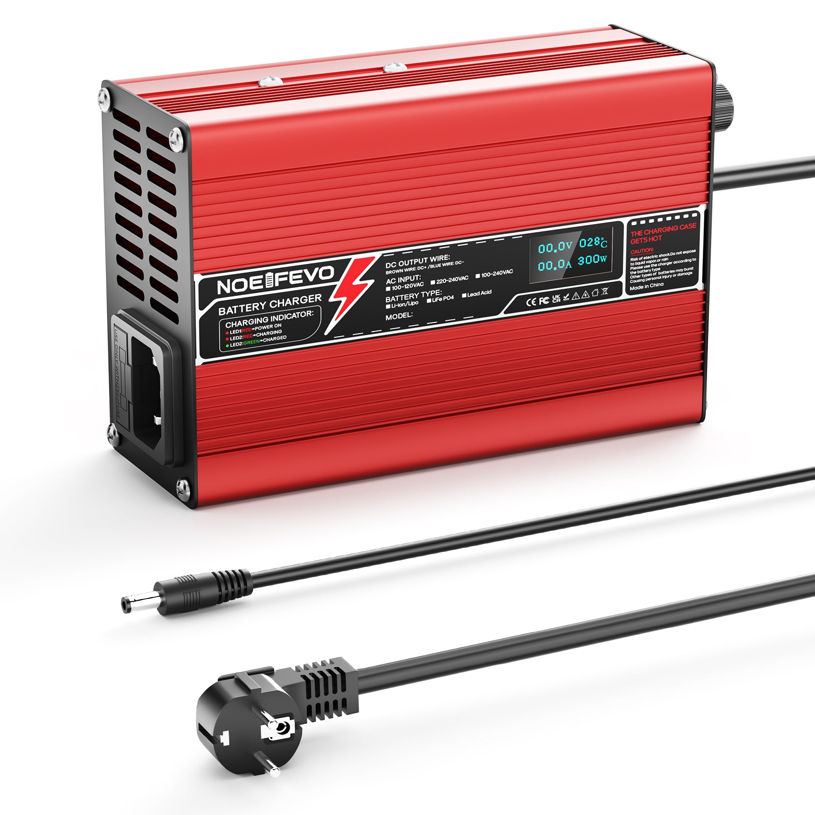 NOEIFEVO 33.6V 2A 3A 4A 5A Lithium-lader til 8S 29.6V Li-Ion Lipo-batterier, køleventilator, automatisk slukning (RØD)