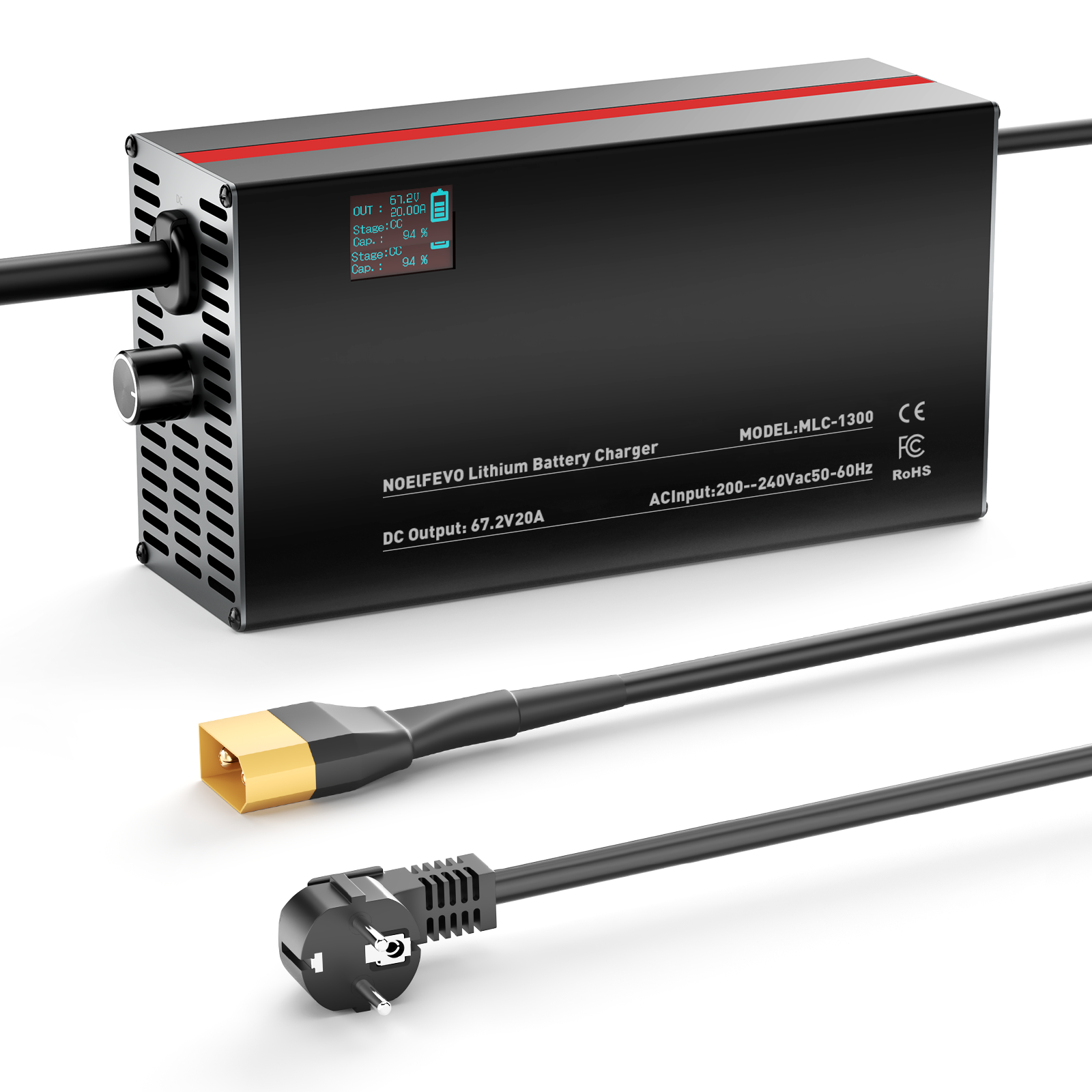NOEIFEVO 67,2V 2-20A Lithium-Batterieladegerät für 59.2V 60V 16S Lithium-Li-Ionen-Lipo-Batterie, LCD-Anzeige, Strom einstellbar, Ladegerät für E-Bike, Roller, Elektromotorrad