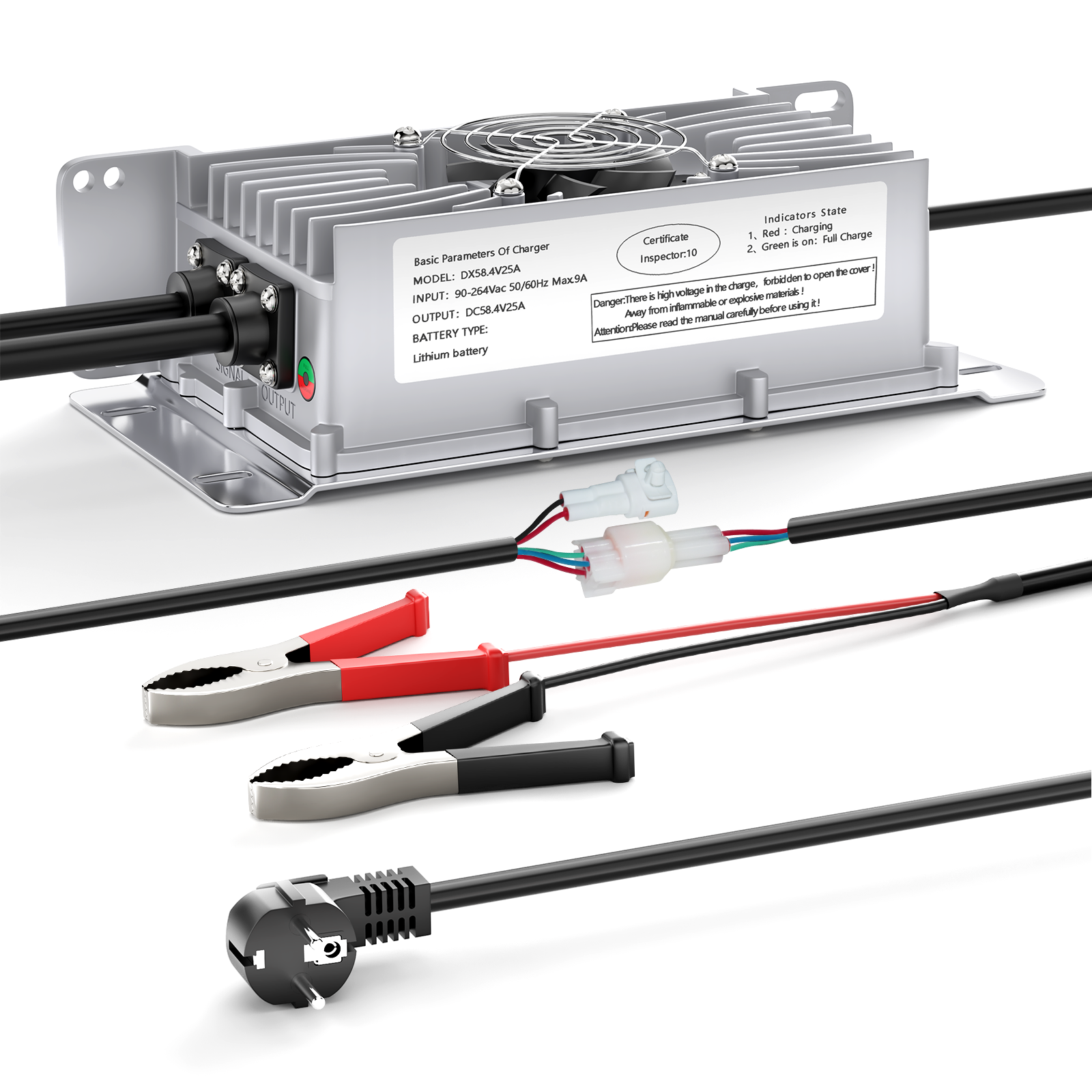 NOEIFEVO 48V 25A Lithium-Lifepo4 Batterijlader, 58,4V Oplaadspanning voor 48V (51,2V) 16S Batterij, Waterdicht, 0V BMS Activatie, met Vergrendelingskabel voor Elektrische Voertuigen, E-bikes en Golfkarren.