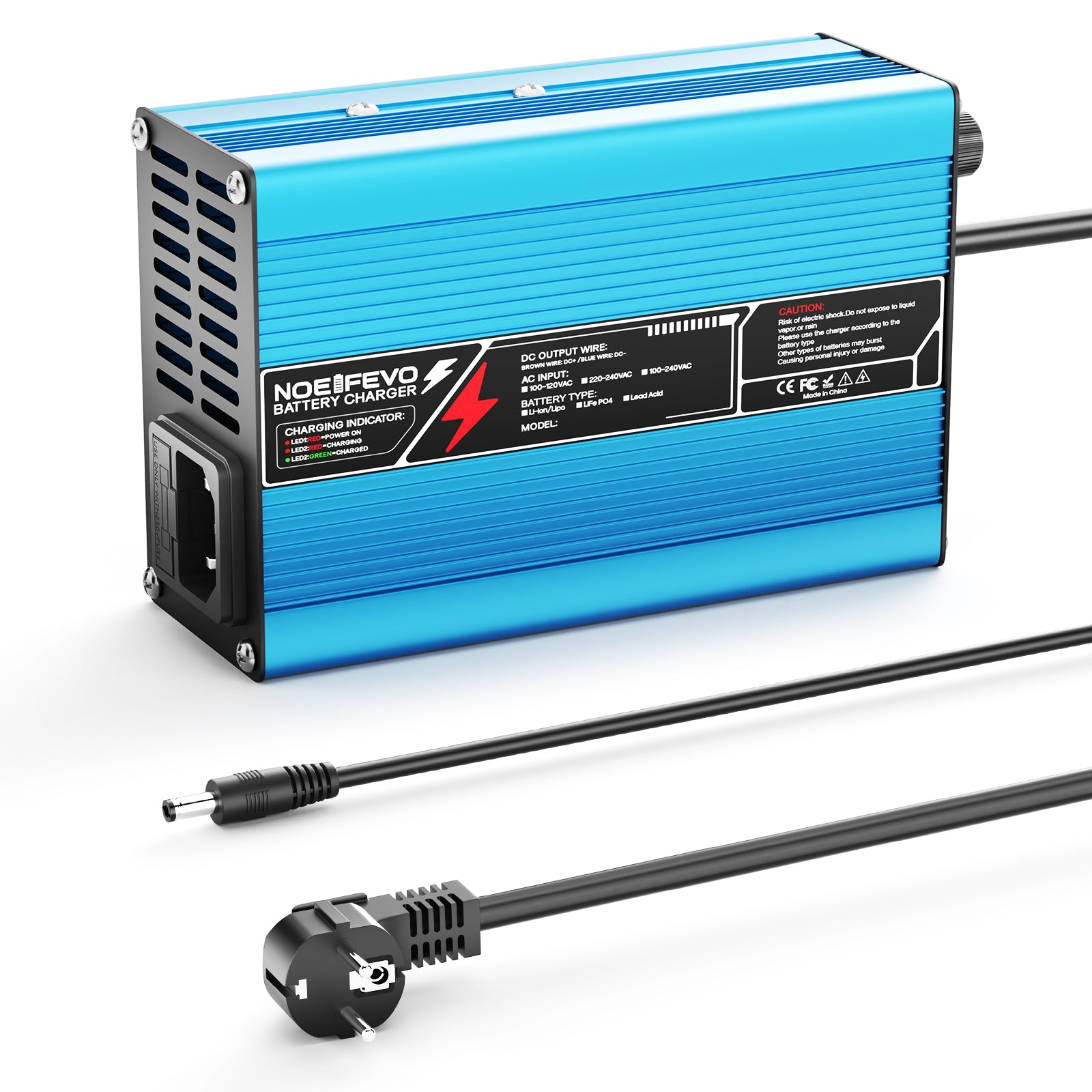 NOEIFEVO 37.8V  2A 3A 3.5A 4A Lithium-lader til 9S 33.3V Li-Ion Lipo-batterier, køleventilator, automatisk slukning (BLÅ)