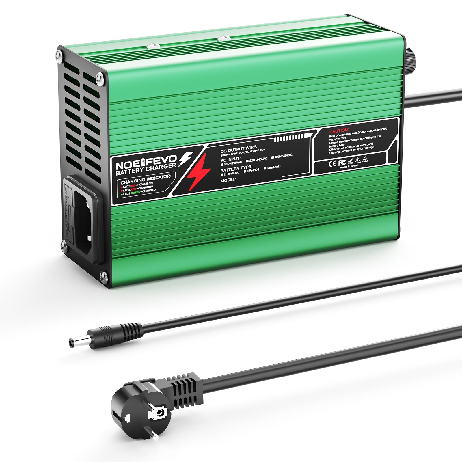 NOEIFEVO Carregador de Lítio 50.4V 2A 2.5A 3A para Baterias Li-Ion Lipo 12S 44.4V, Ventilador de Resfriamento, Desligamento Automático (VERDE)