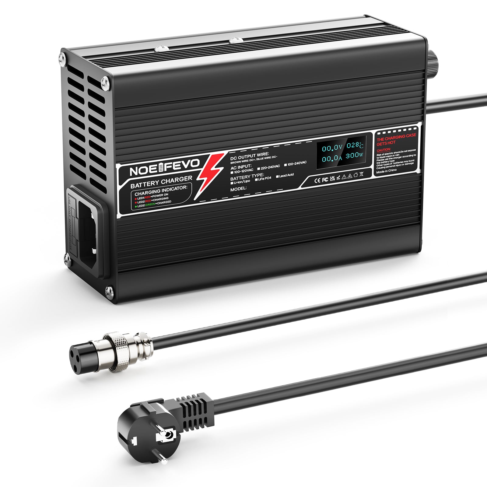 NOEIFEVO 29.4V 10A Lithium-lader til 7S 25.9V Li-Ion Lipo batteri E-cykellader, LED-display, aluminiumkasse, blæser