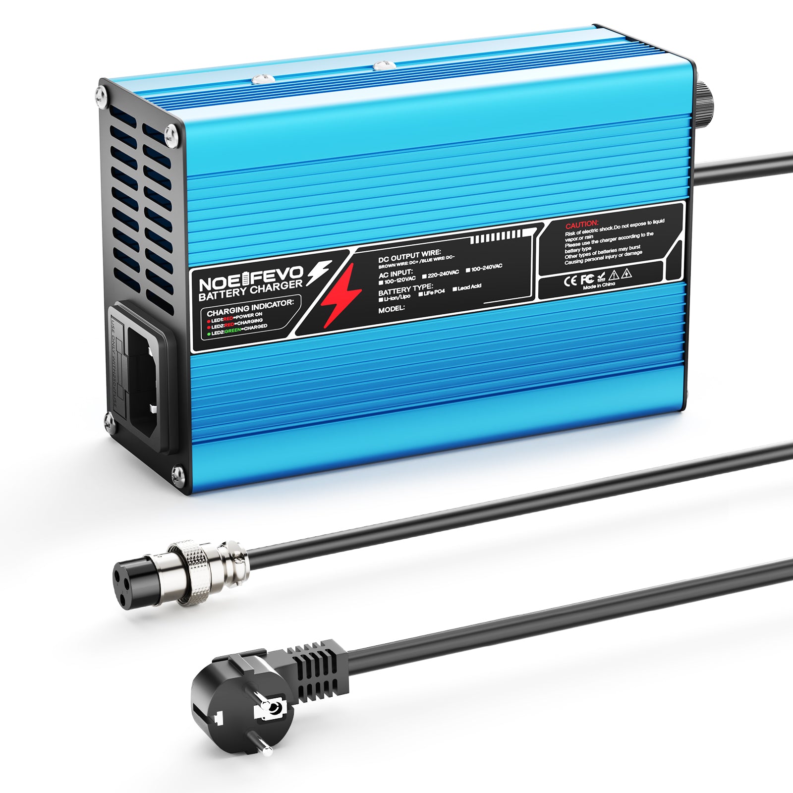 NOEIFEVO 16.8V 10A Lithium-lader til 4S 14.8V Li-Ion Lipo-batterier, køleventilator, automatisk slukning (BLÅ)