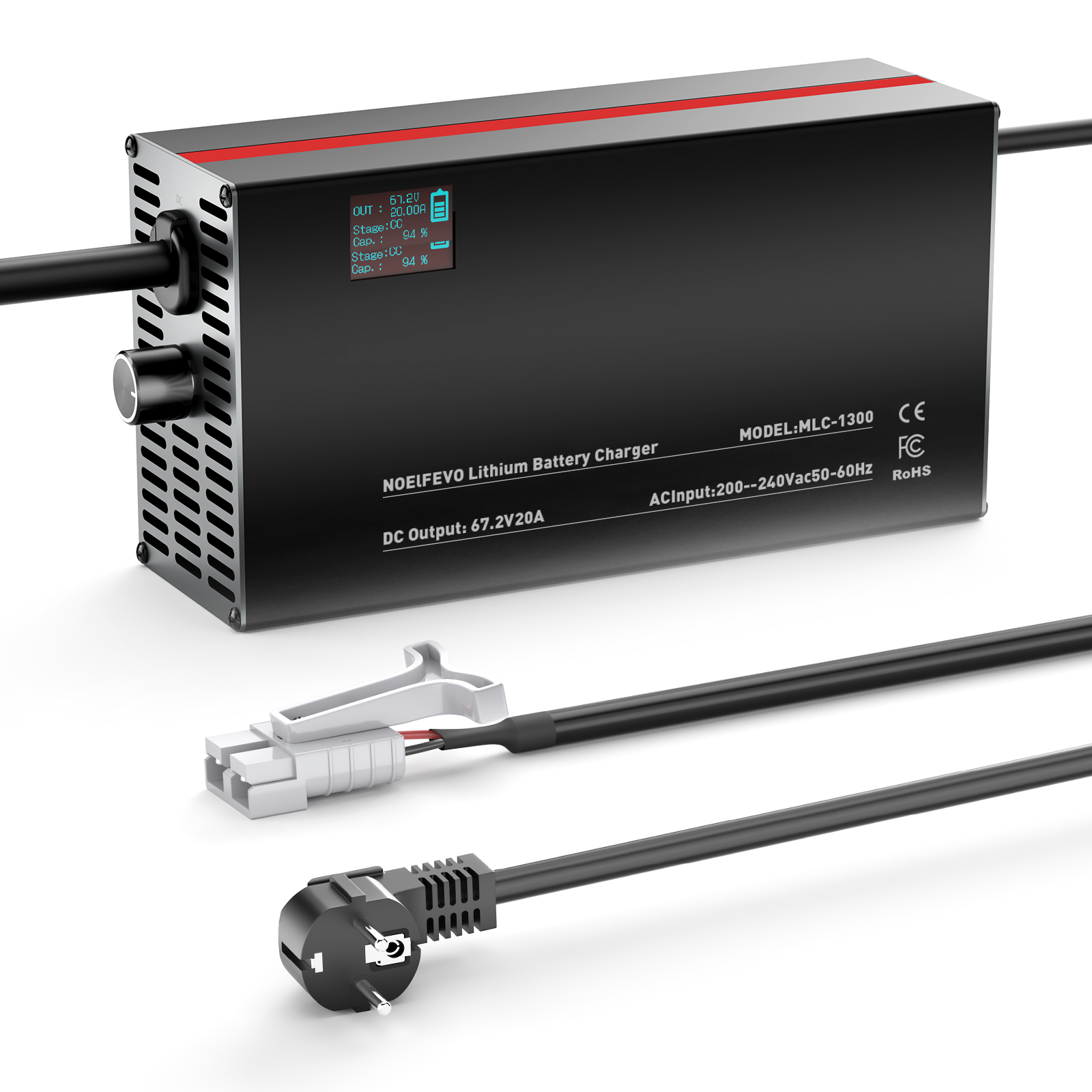 NOEIFEVO 67,2V 2-20A Lithium-Batterieladegerät für 59.2V 60V 16S Lithium-Li-Ionen-Lipo-Batterie, LCD-Anzeige, Strom einstellbar, Ladegerät für E-Bike, Roller, Elektromotorrad