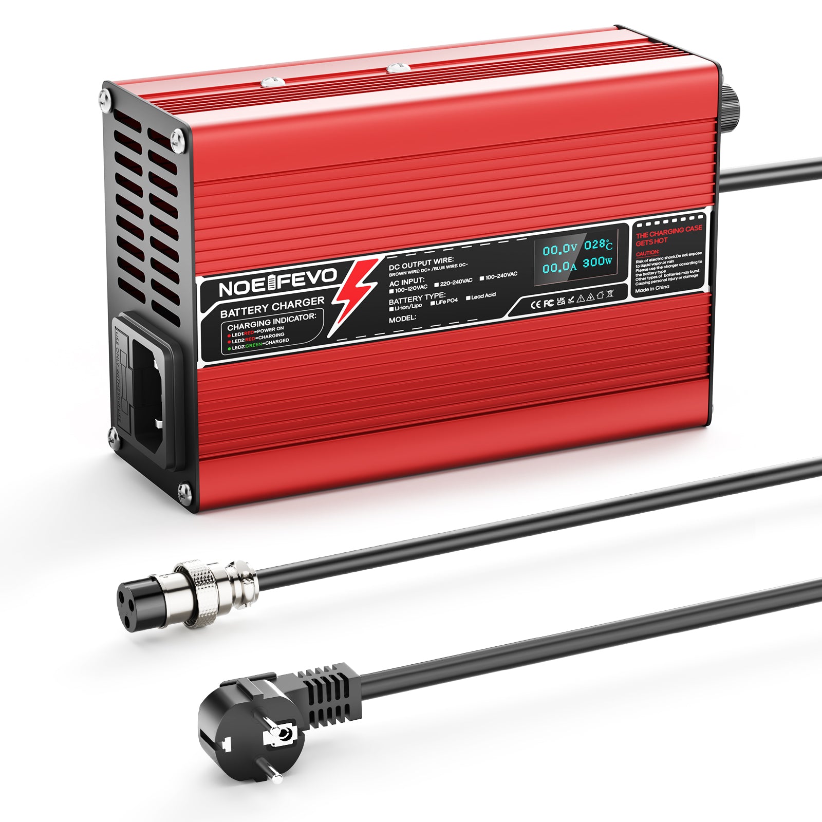 NOEIFEVO 50.4V 2A 2.5A 3A Cargador de litio para baterías 12S 44.4V Li-Ion Lipo, con pantalla LCD, ventilador de refrigeración, apagado automático (ROJO)