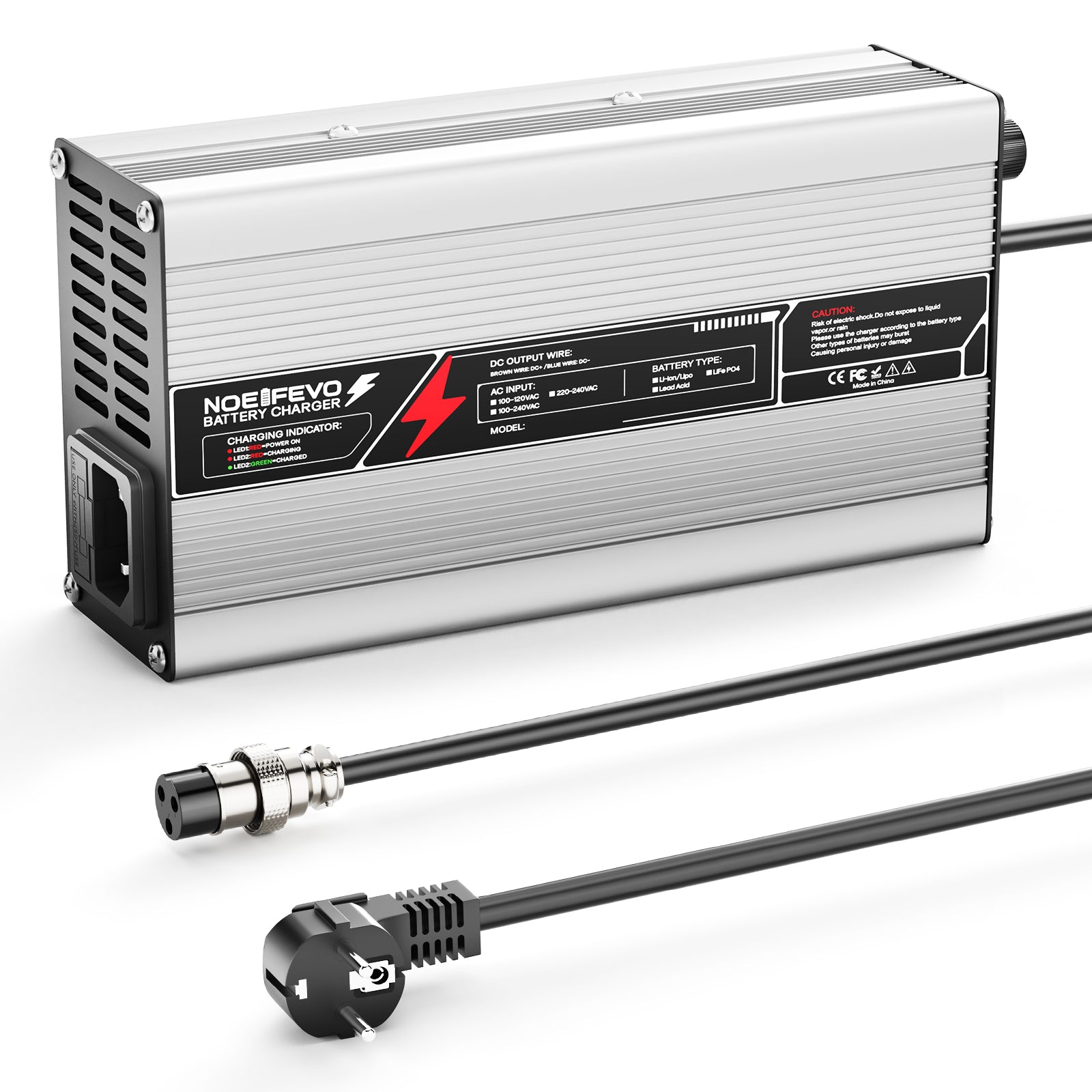 NOEIFEVO 71,4V 6A lithium-batterilader til 62,9 V (60 V) 17S-batteri, automatisk afbrydelse, aluminiumsgehus, med ventilator (sølv)