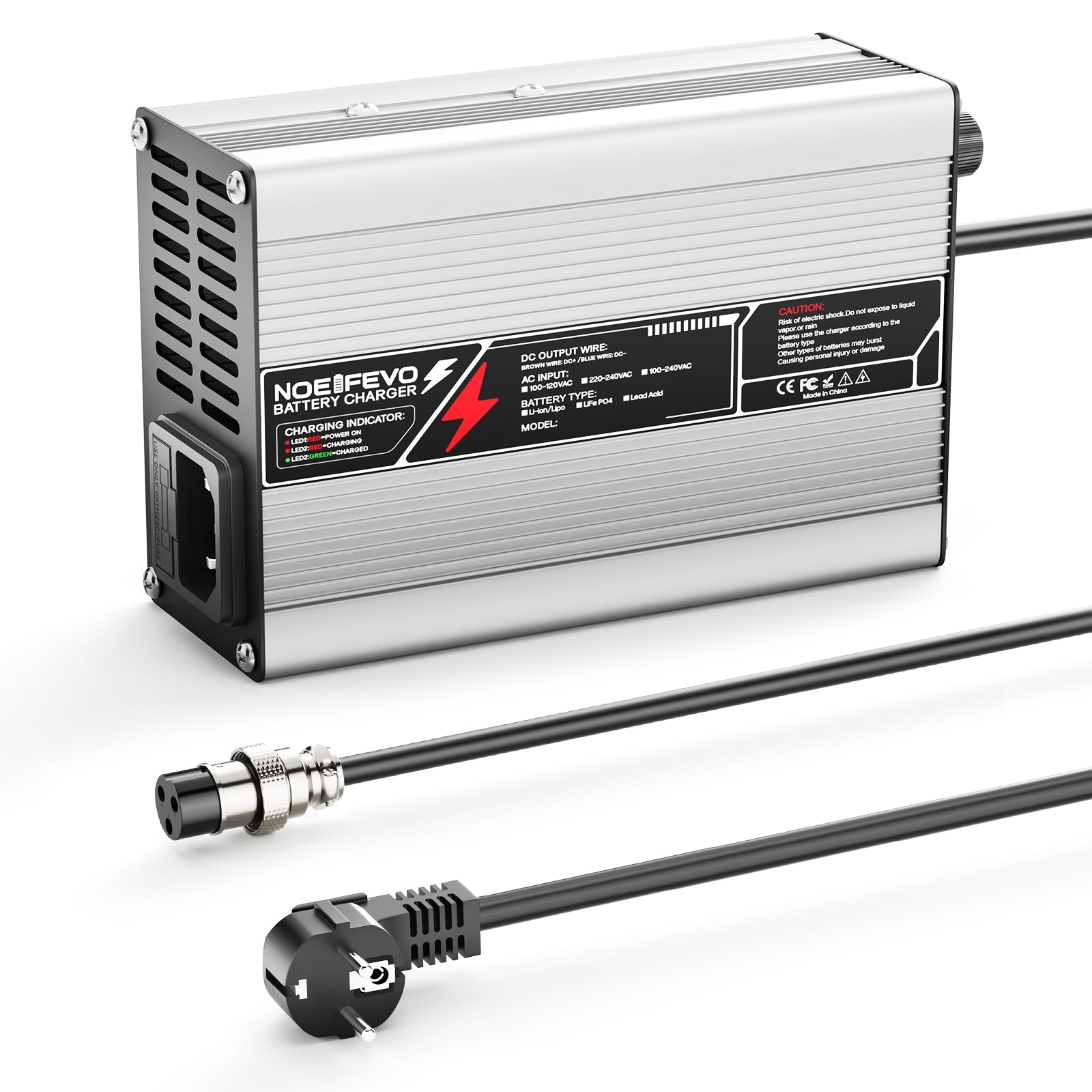 NOEIFEVO 58.8V 3A Lithium-lader til 14S 51.8V Li-Ion Lipo-batterier, med køleventilator, automatisk slukning