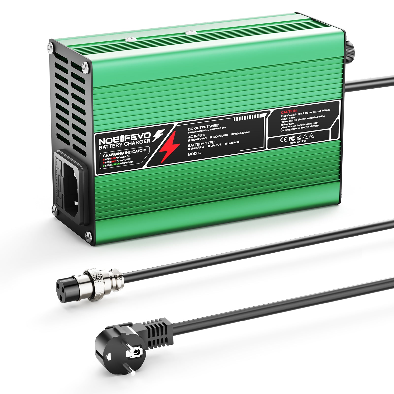 NOEIFEVO Caricabatterie 36.5V 2A 3A 3.5A 4A LiFePO4 per batteria 10S 32V LiFePO4, spegnimento automatico (VERDE)