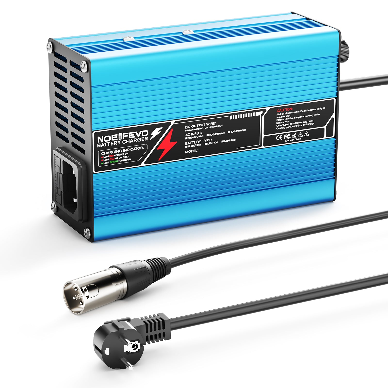 NOEIFEVO 16.8V 10A Lithium-lader til 4S 14.8V Li-Ion Lipo-batterier, køleventilator, automatisk slukning (BLÅ)