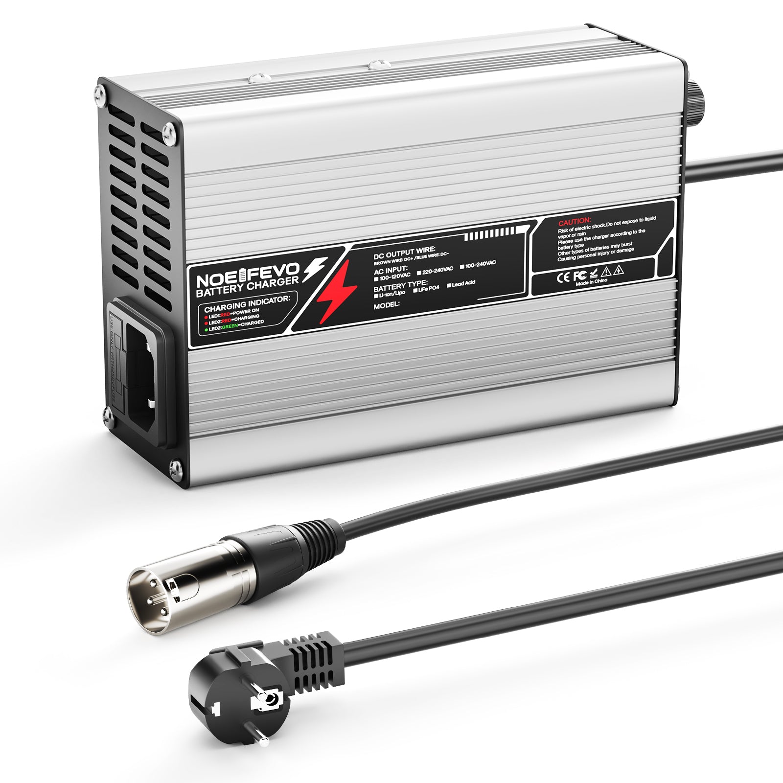 NOEIFEVO 50,4V2A 2.5A 3A Lithium-Oplader til 12S 44,4V Li-Ion Lipo-batterier, med køleventilator og automatisk afbrydelse.