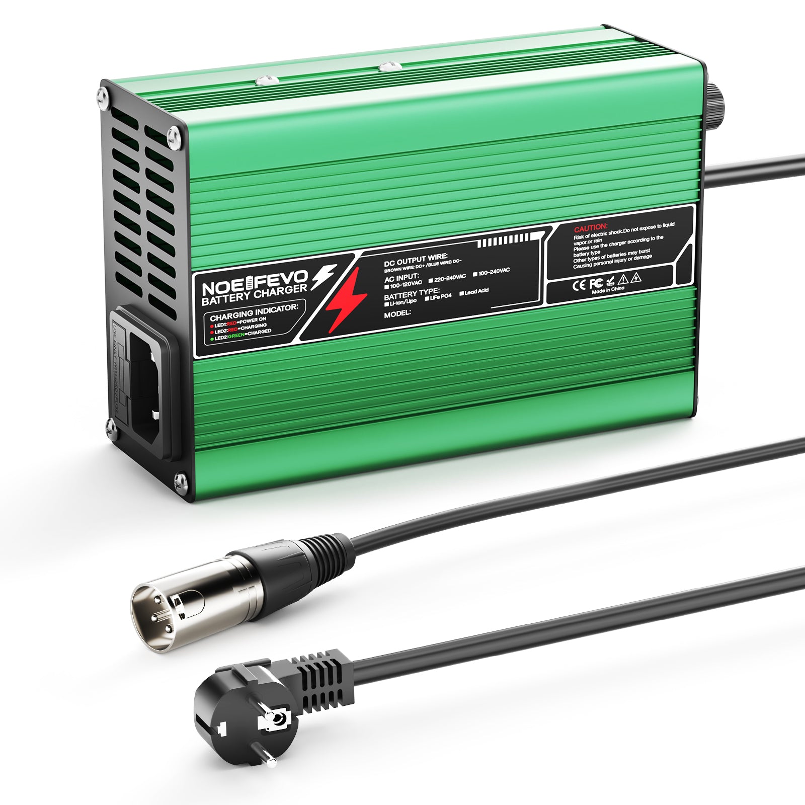 NOEIFEVO 12,6V 10A Lithium-lader til 3S 11,1V Li-Ion Lipo-batterier, køleventilator, automatisk slukning (GRØN)