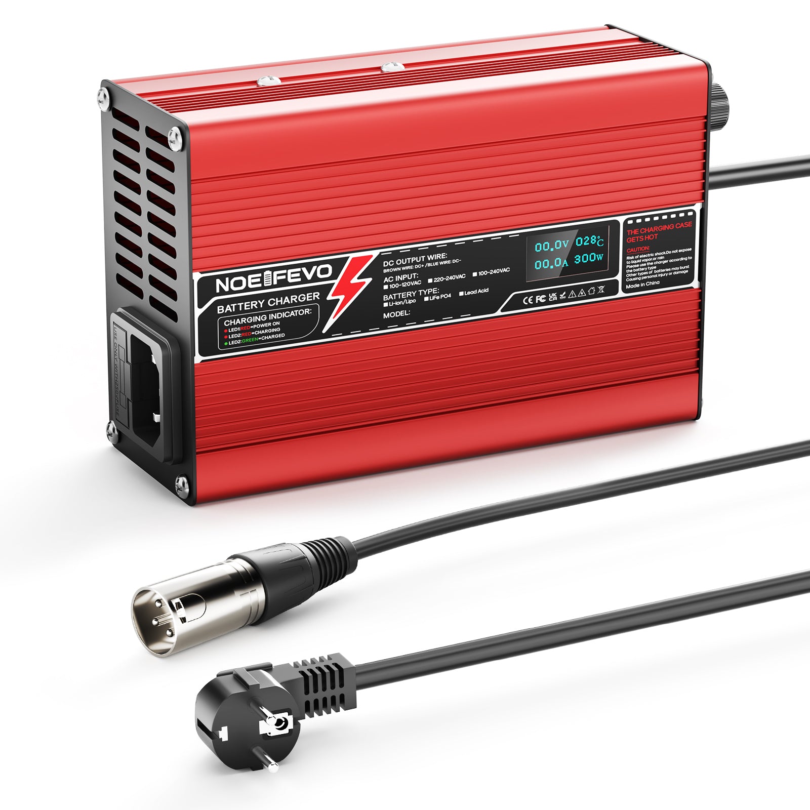 NOEIFEVO 58.8V 2A 2.5A 3A Caricabatterie al litio per batterie 14S 51.8V Li-Ion Lipo, con display LCD, ventola di raffreddamento, spegnimento automatico (ROSSO)