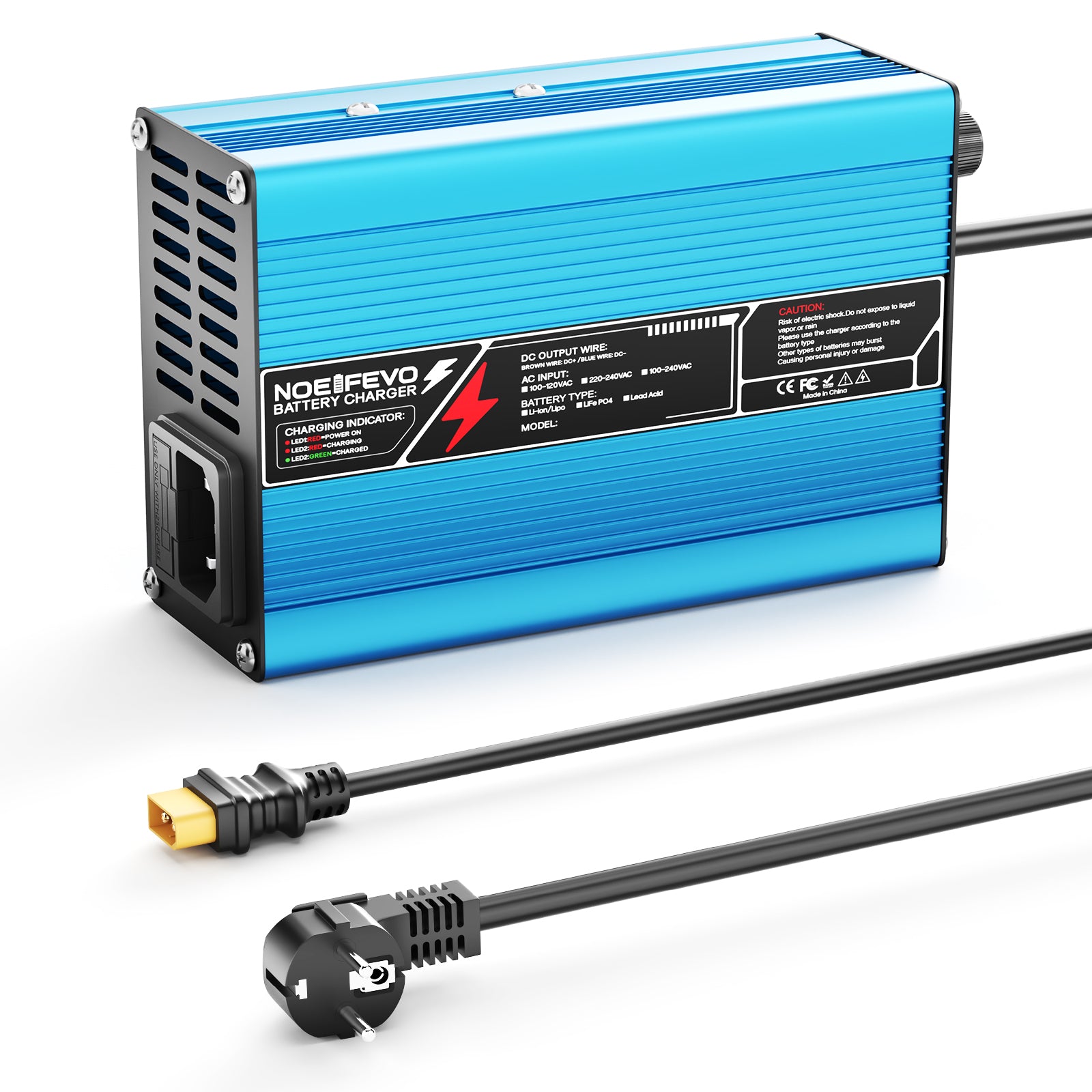 NOEIFEVO 12,6V 10A lithium-oplader til 3S 11,1V Li-Ion Lipo-batterier, køleventilator, automatisk afbrydelse (BLÅ)