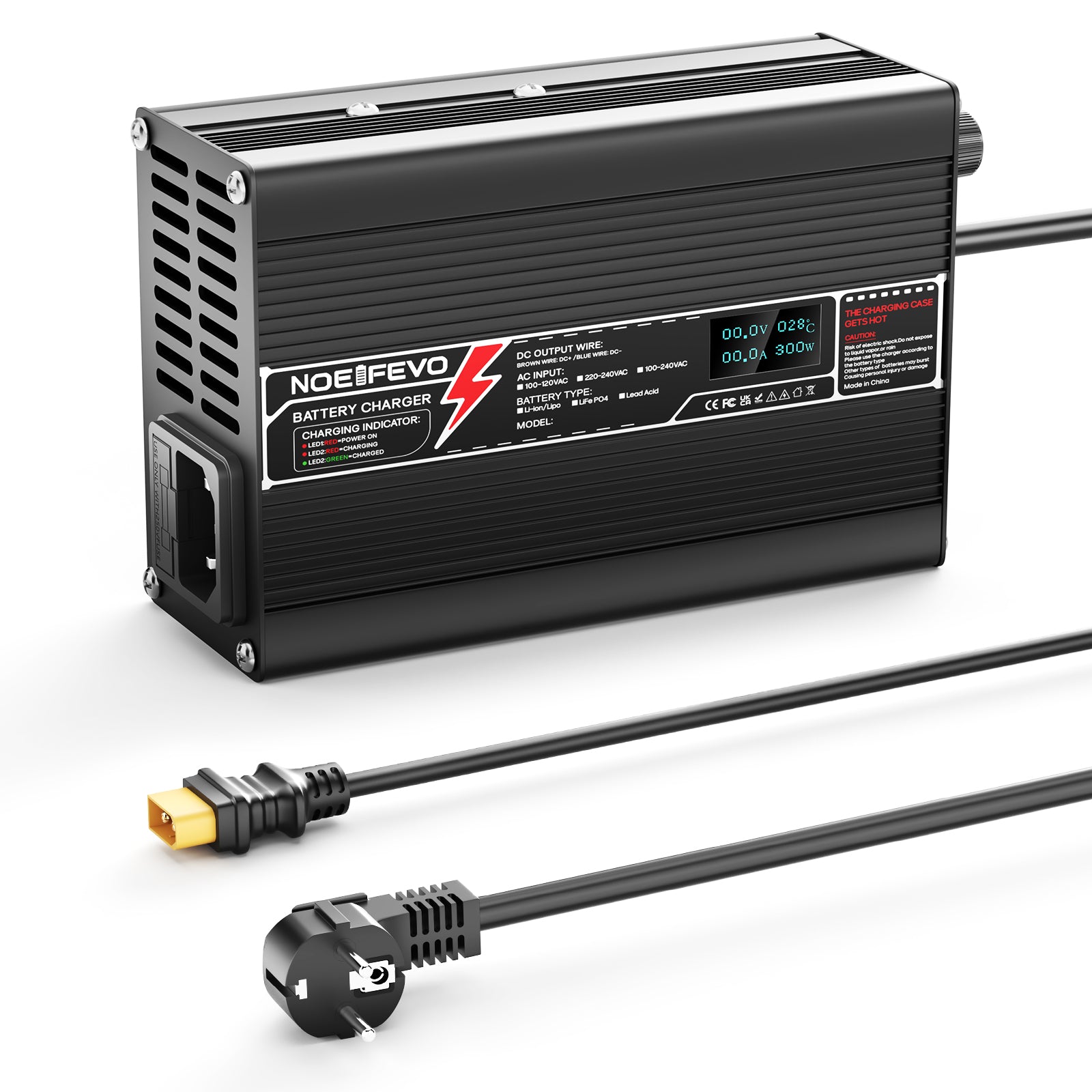 NOEIFEVO 29.4V 10A Lithium-lader til 7S 25.9V Li-Ion Lipo batteri E-cykellader, LED-display, aluminiumkasse, blæser