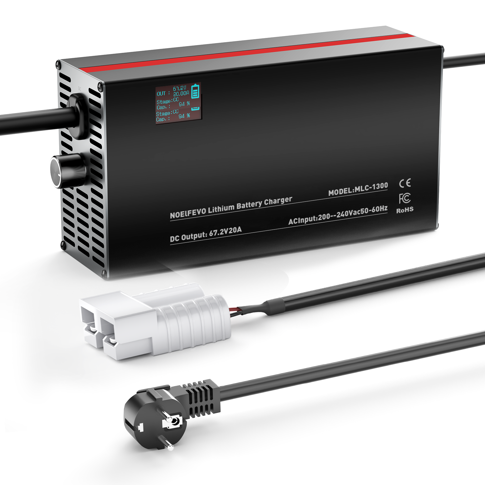 NOEIFEVO 67,2V 2-20A Lithium-Batterieladegerät für 59.2V 60V 16S Lithium-Li-Ionen-Lipo-Batterie, LCD-Anzeige, Strom einstellbar, Ladegerät für E-Bike, Roller, Elektromotorrad