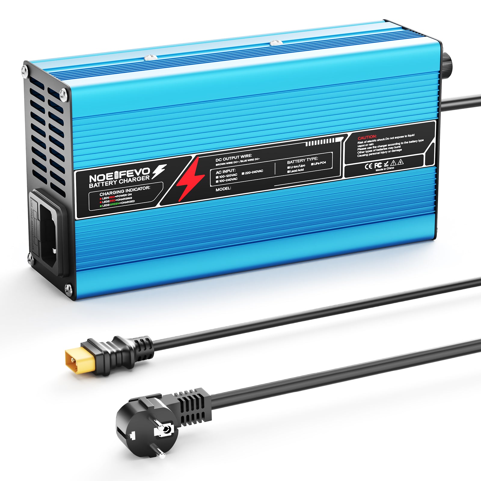 NOEIFEVO 42V 10A 10S Lithium-Batterieladegerät, für 10S 37V Li-Ion Batterie, automatische Abschaltung, Aluminiumgehäuse, mit Lüfter(blau)