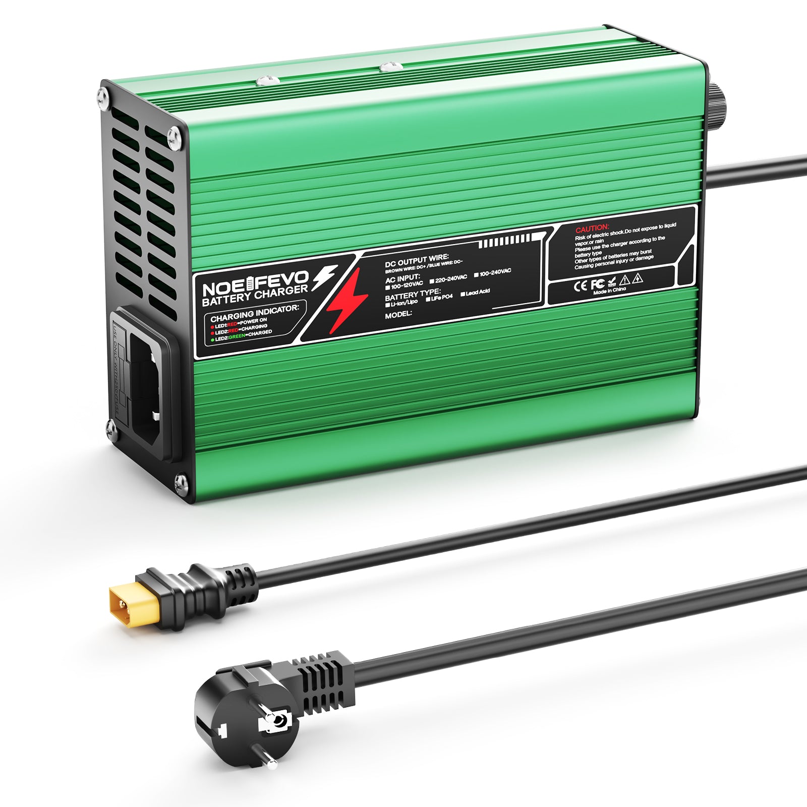 NOEIFEVO 36.5V 2A 3A 3.5A 4A  LiFePO4 batterioplader til 10S 32V LiFePO4 batteri, automatisk slukning (GRØN)