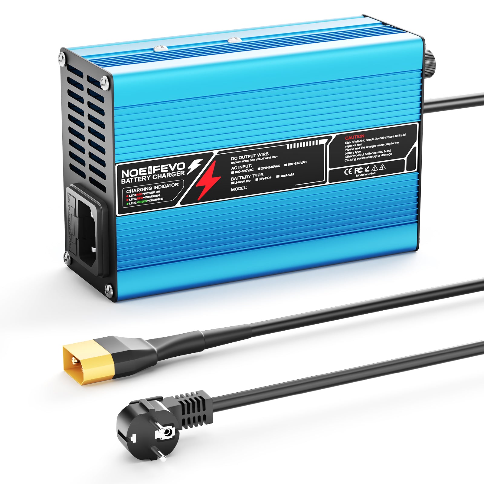 NOEIFEVO 12,6V 10A lithium-oplader til 3S 11,1V Li-Ion Lipo-batterier, køleventilator, automatisk afbrydelse (BLÅ)