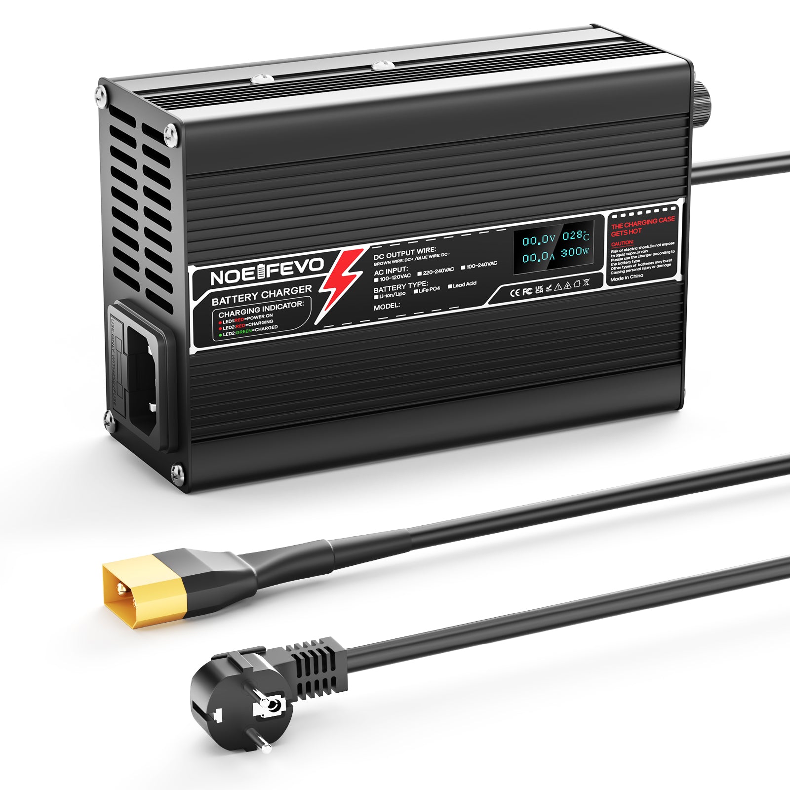 NOEIFEVO 29.4V 10A Lithium-lader til 7S 25.9V Li-Ion Lipo batteri E-cykellader, LED-display, aluminiumkasse, blæser