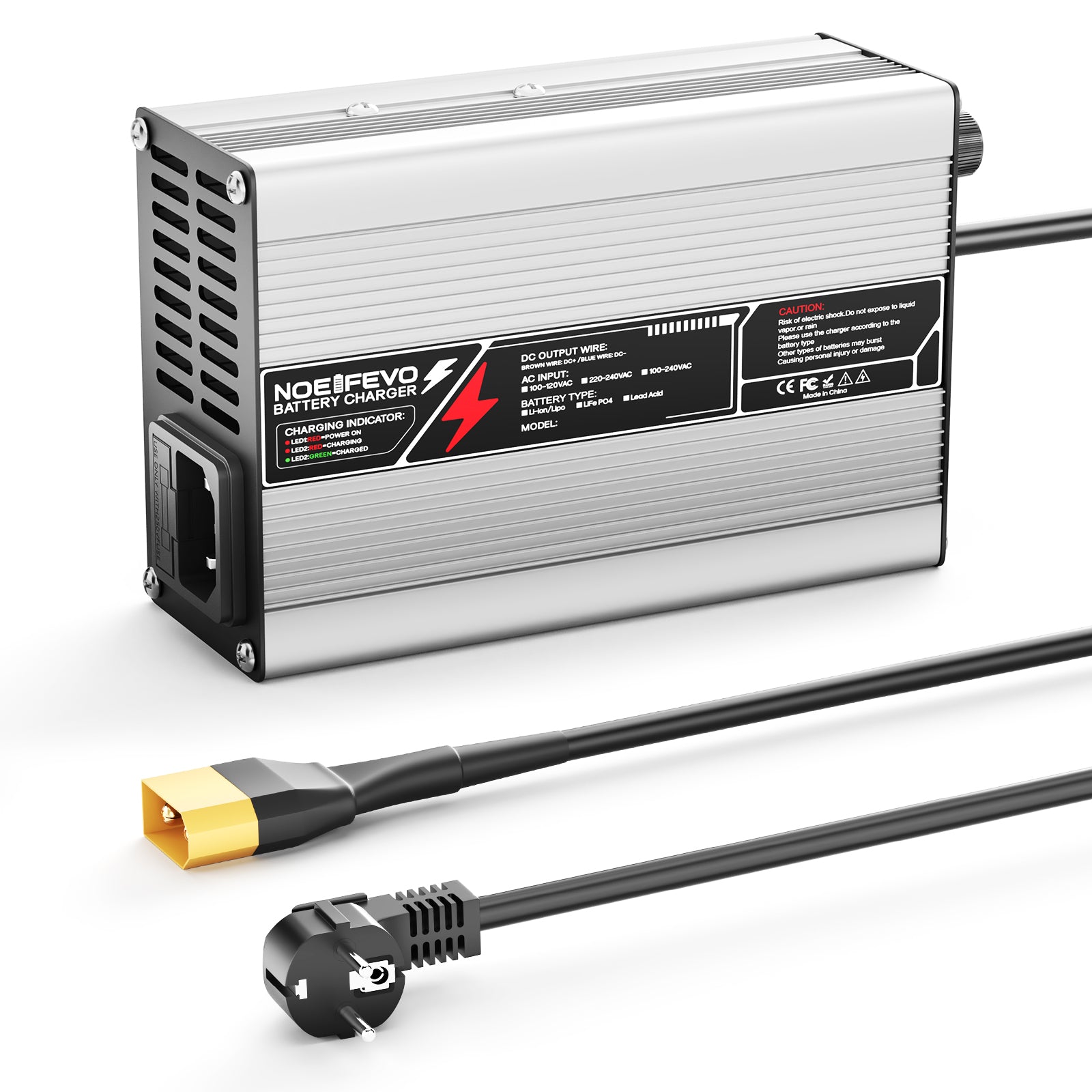 NOEIFEVO 50.4V 2A 2.5A 3A  nabíjačka lítium batérií pre 12S 44.4V Li-Ion Lipo batérie, chladící ventilátor, automatické vypnutie.