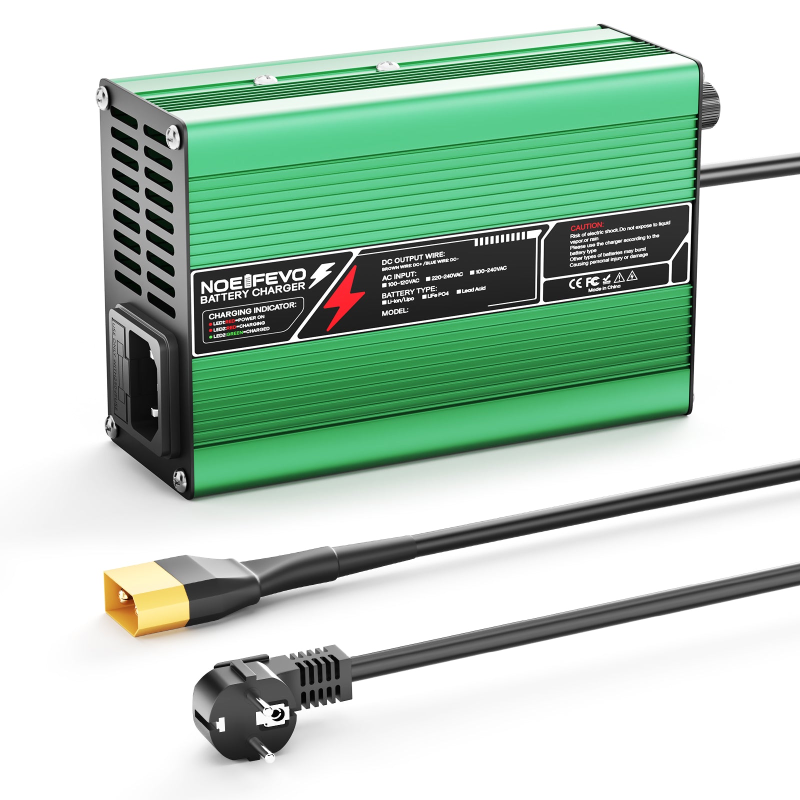 NOEIFEVO 33.6V  2A 3A 4A 5A Lithium-oplader til 8S 29.6V Li-Ion Lipo-batterier, Køleventilator, Automatisk Afbrydelse (GRØN)