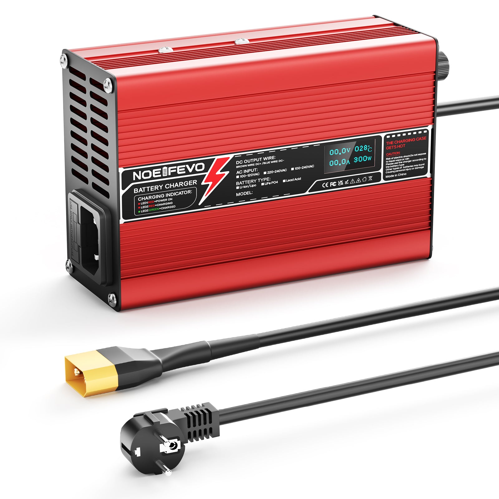 NOEIFEVO 54.6V 2A 2.5A 3A Lithium-lader til 13S 48.1V Li-Ion Lipo-batterier, med køleventilator, automatisk afbrydelse (RØD)