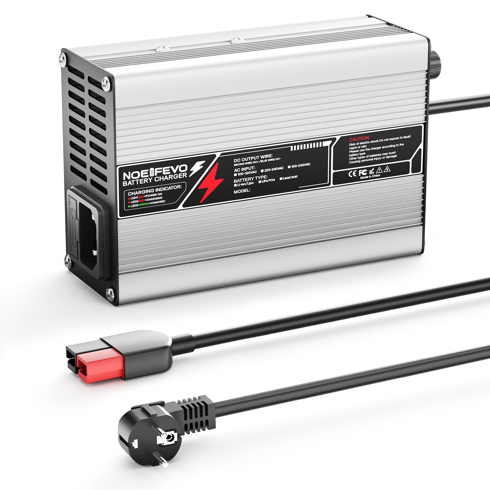 NOEIFEVO 58.8V 3A Lithium-lader til 14S 51.8V Li-Ion Lipo-batterier, med køleventilator, automatisk slukning