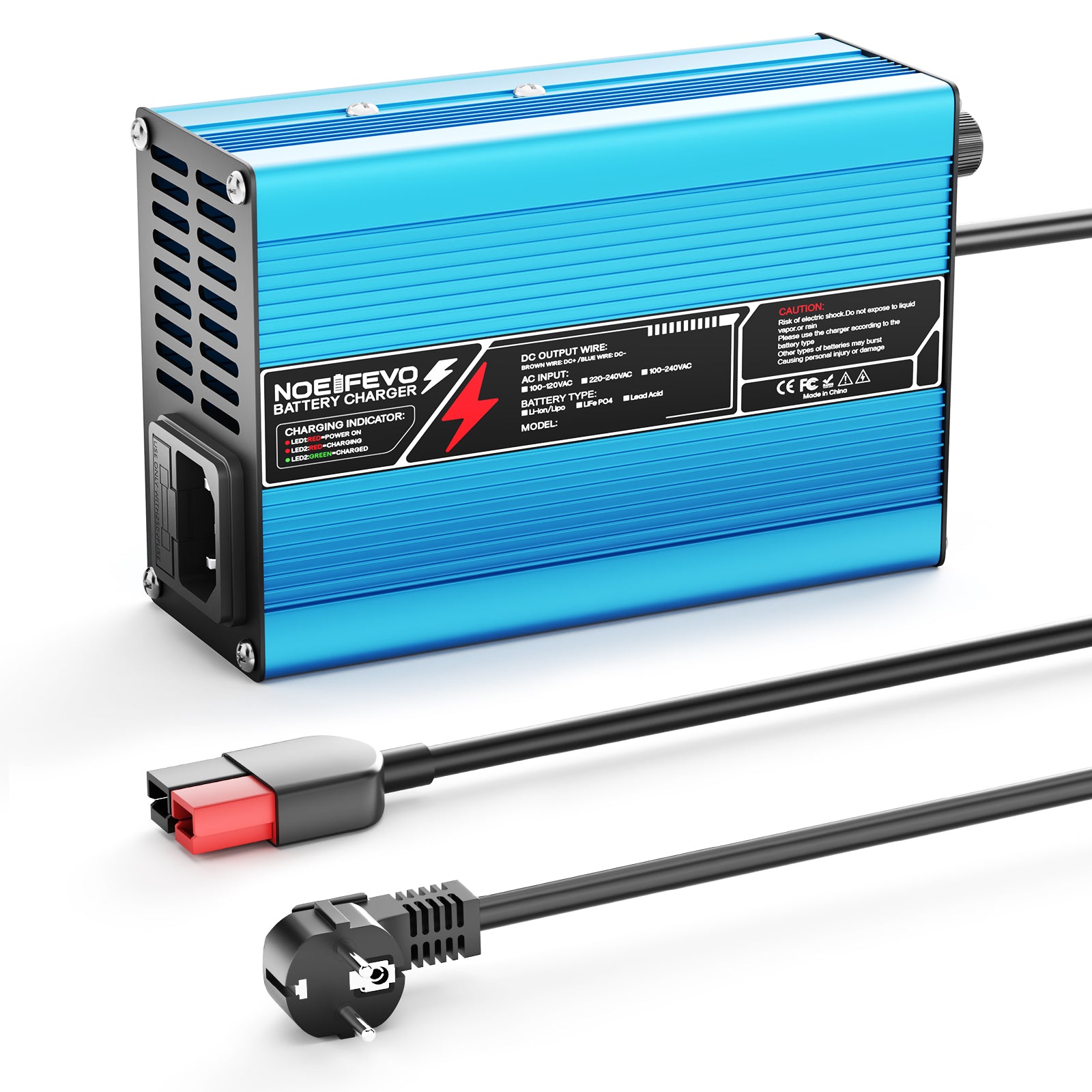 Carregador de Bateria LiFePO4 NOEIFEVO 36.5V 2A 3A 3.5A 4A para Bateria LiFePO4 10S 32V, com Desligamento Automático (AZUL).