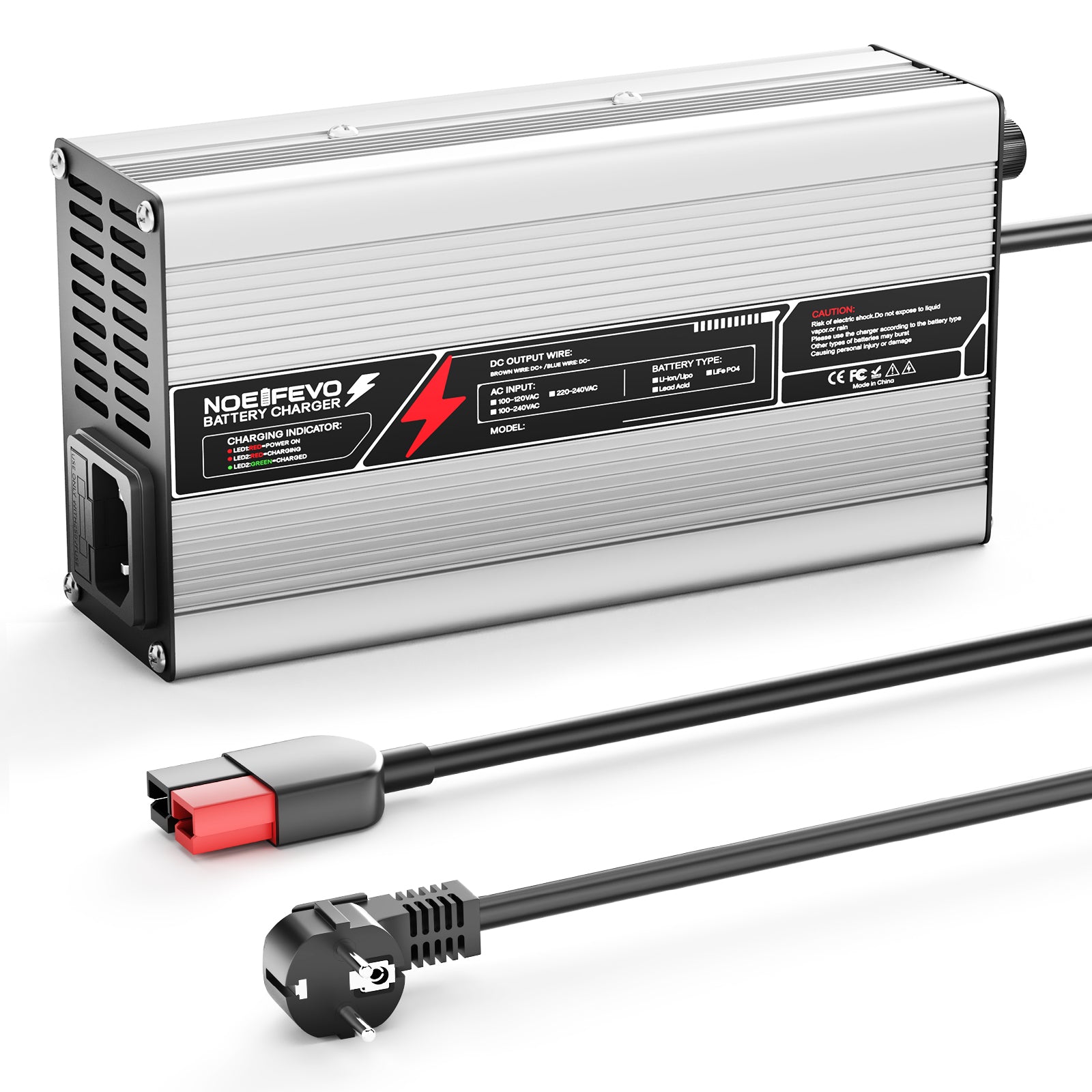 NOEIFEVO 63V 6A Lithium-batterioplader til 55,5V 15S batteri, automatisk slukning, aluminiums hus, med blæser (sølv).