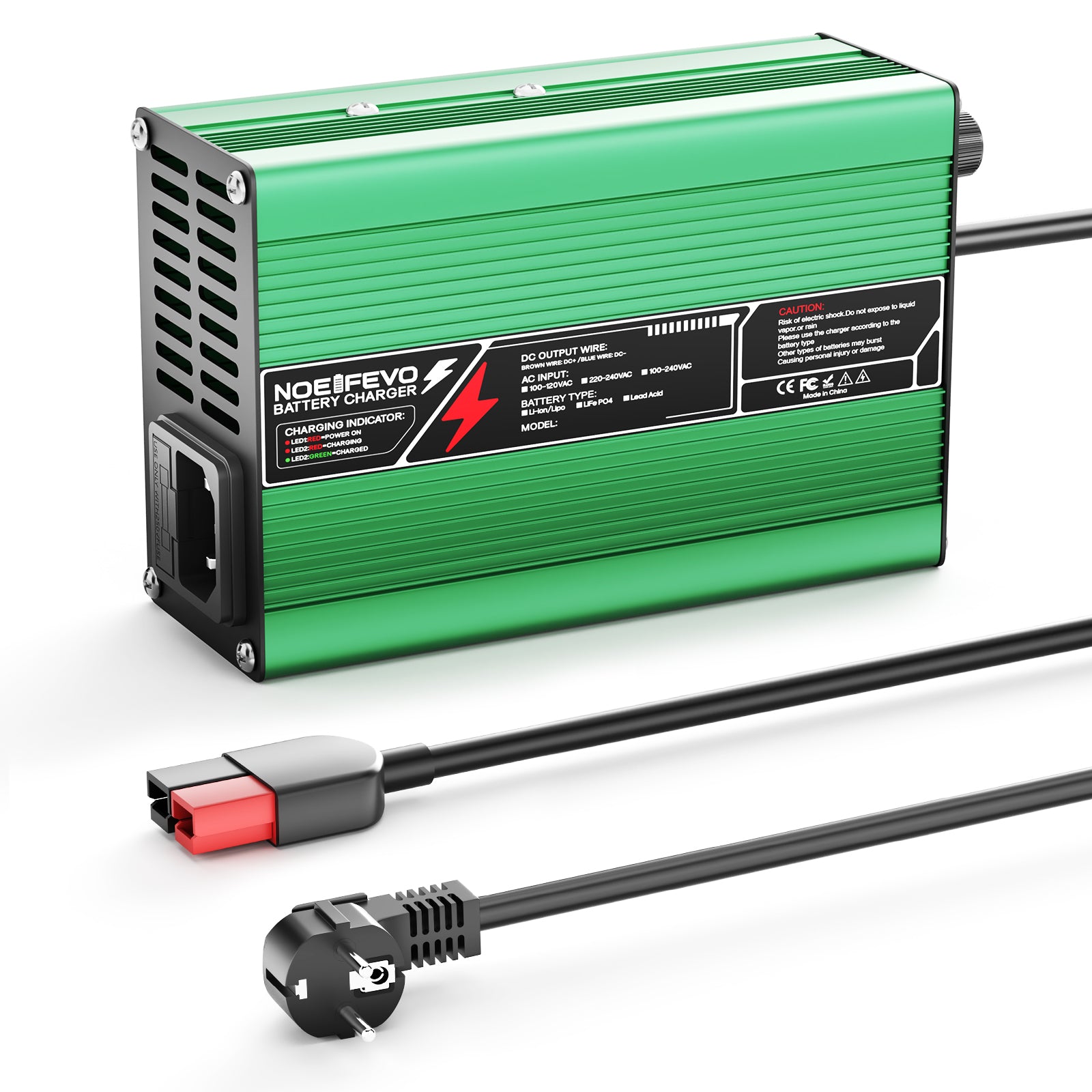 NOEIFEVO 42V 2A 3A 3.5A 4A Lithium-Oplader til 10S 37V Li-Ion Lipo-batterier, Køleventilator, Automatisk Slukning (GRØN)