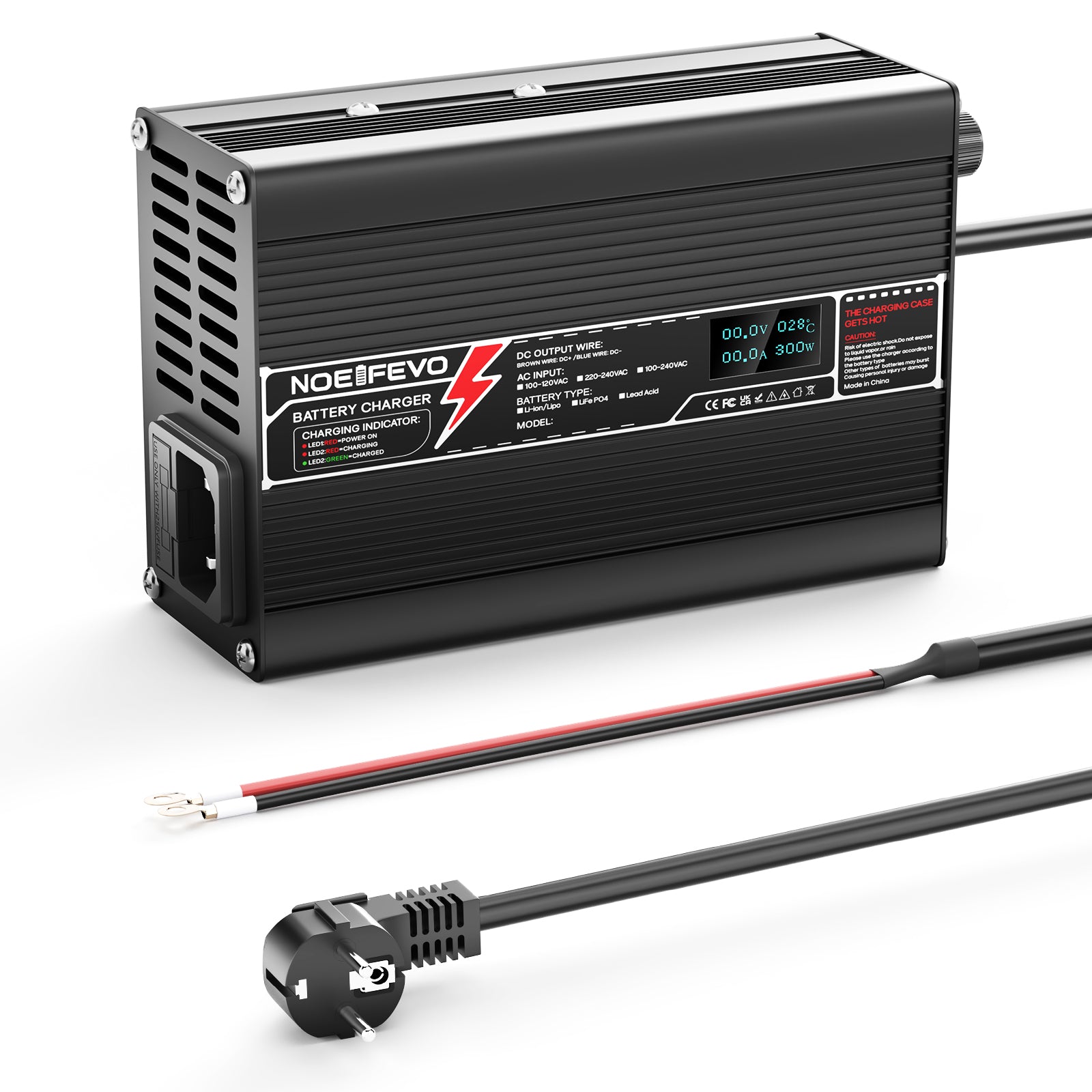 NOEIFEVO 29.4V 10A Lithium-lader til 7S 25.9V Li-Ion Lipo batteri E-cykellader, LED-display, aluminiumkasse, blæser