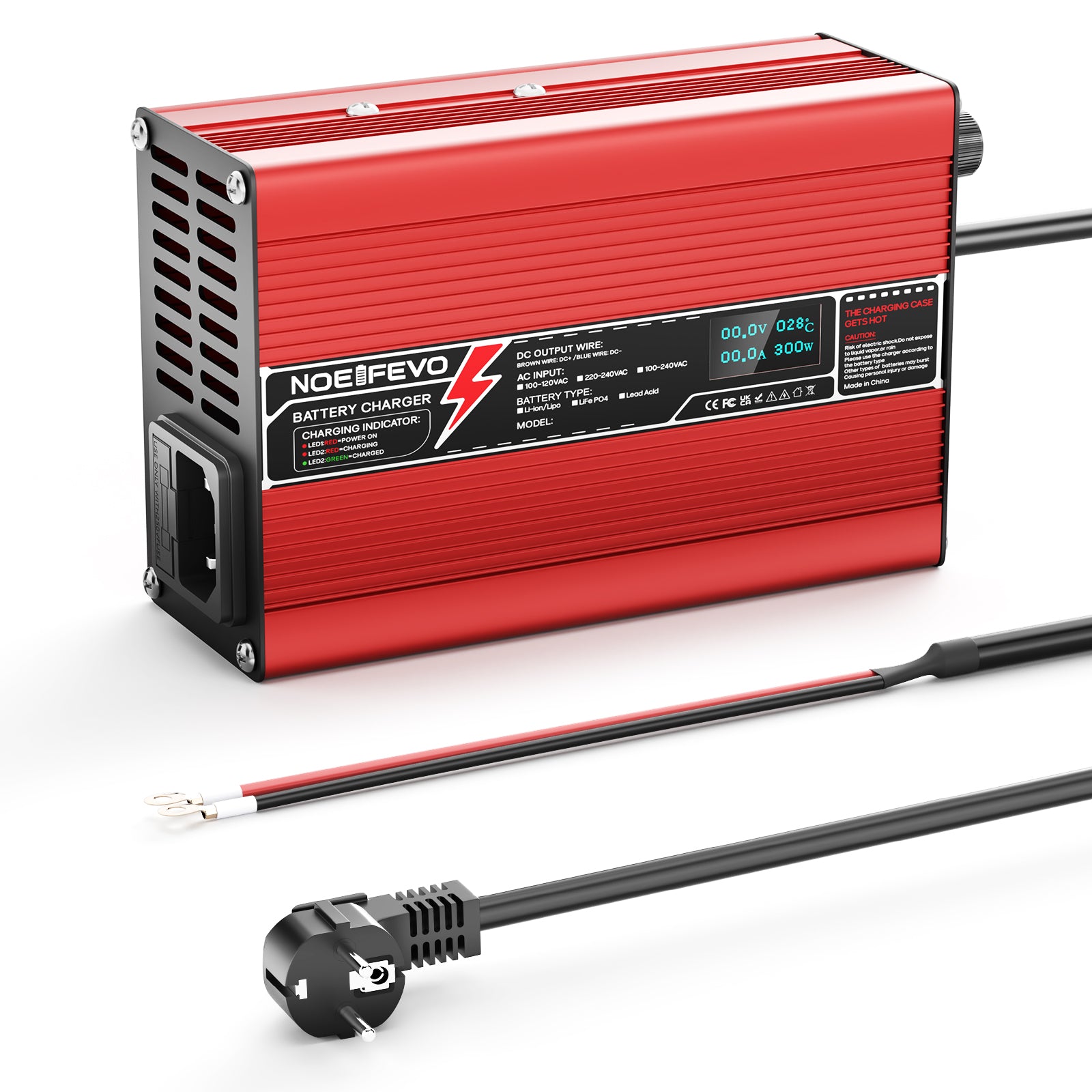 NOEIFEVO 54.6V 2A 2.5A 3A Lithium-lader til 13S 48.1V Li-Ion Lipo-batterier, med køleventilator, automatisk afbrydelse (RØD)