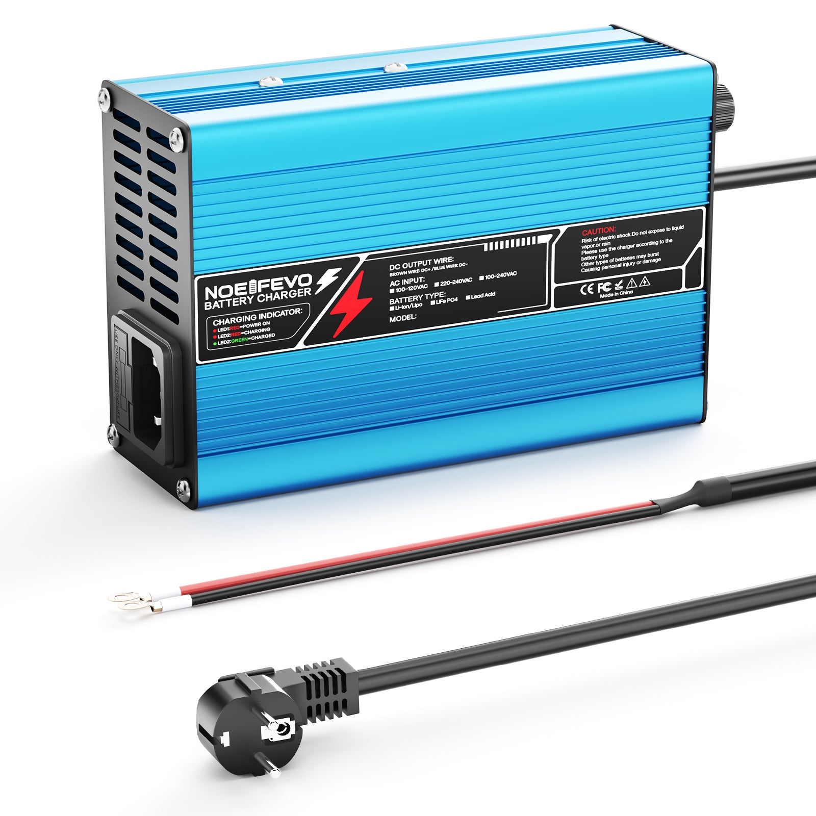 NOEIFEVO 16.8V 10A Lithium-lader til 4S 14.8V Li-Ion Lipo-batterier, køleventilator, automatisk slukning (BLÅ)