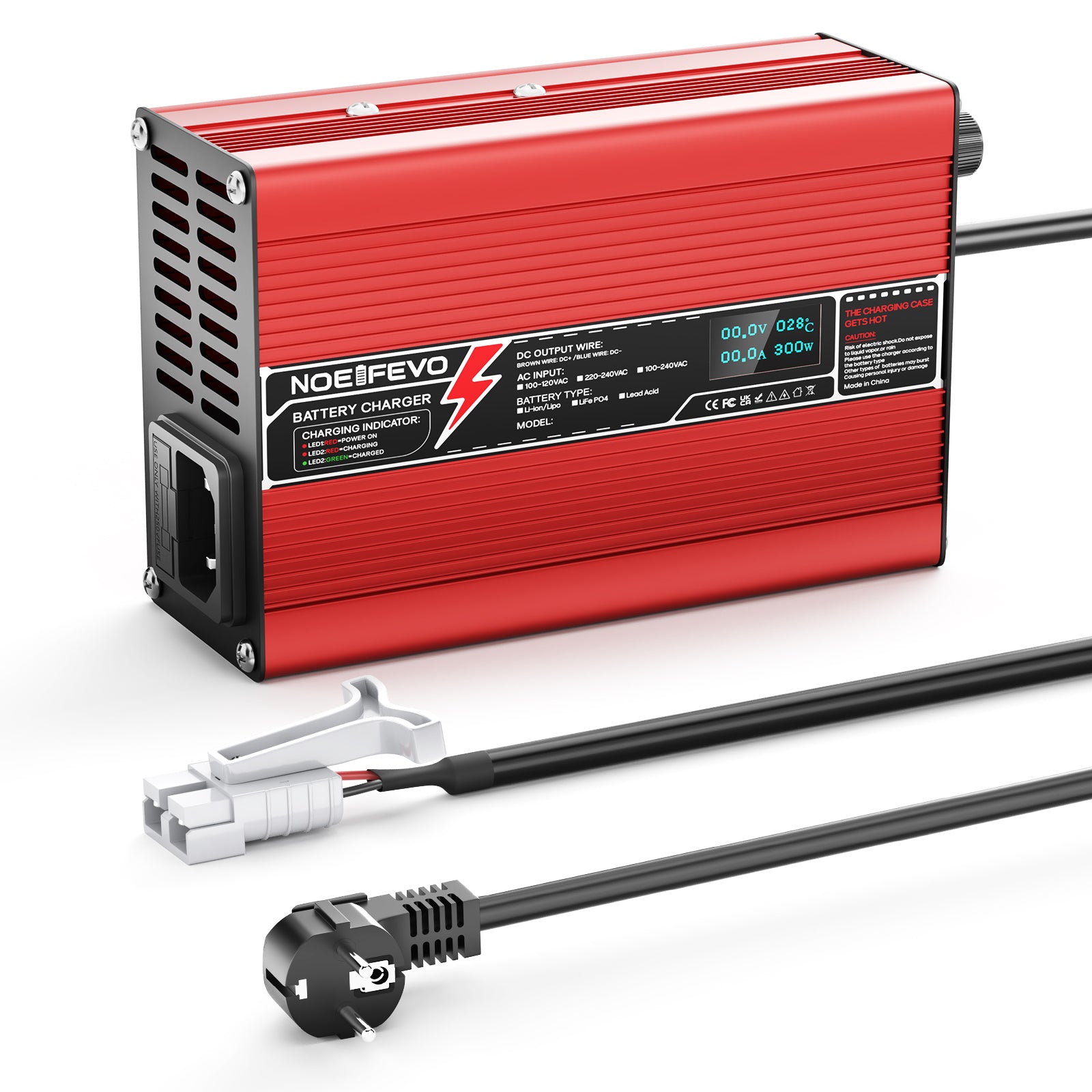 NOEIFEVO 42V 2A 3A 3.5A 4A Lithium-Ladegerät für 10S 37V Li-Ion Lipo-Batterien, Kühlventilator, automatischer Abschaltung(RED)