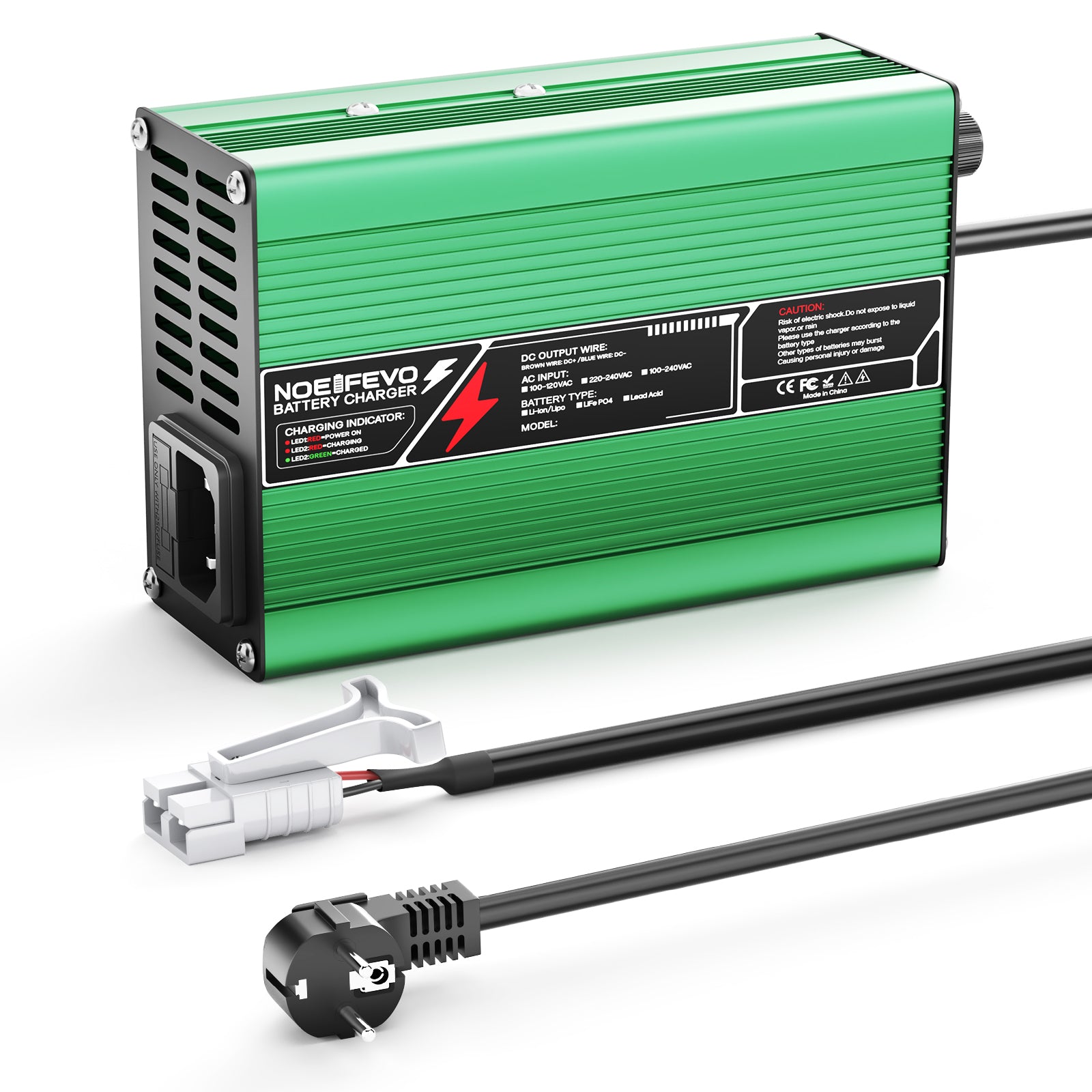 NOEIFEVO 46,2V  2A 3A 3.5A 4ALithium-oplader til 11S 40,7V Li-Ion Lipo-batterier, køleventilator, automatisk afbrydelse (GRØN)