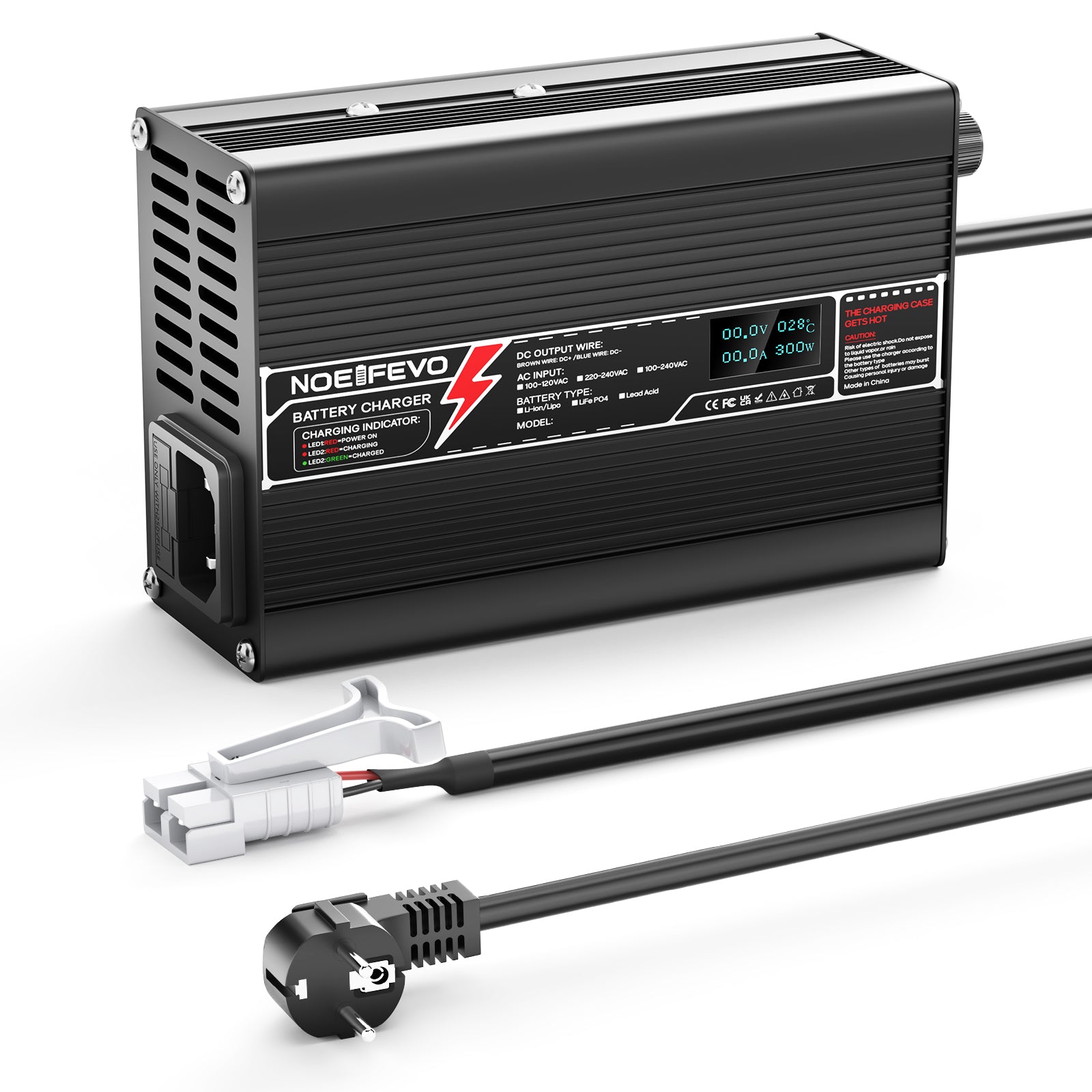 NOEIFEVO 29.4V 10A Lithium-lader til 7S 25.9V Li-Ion Lipo batteri E-cykellader, LED-display, aluminiumkasse, blæser